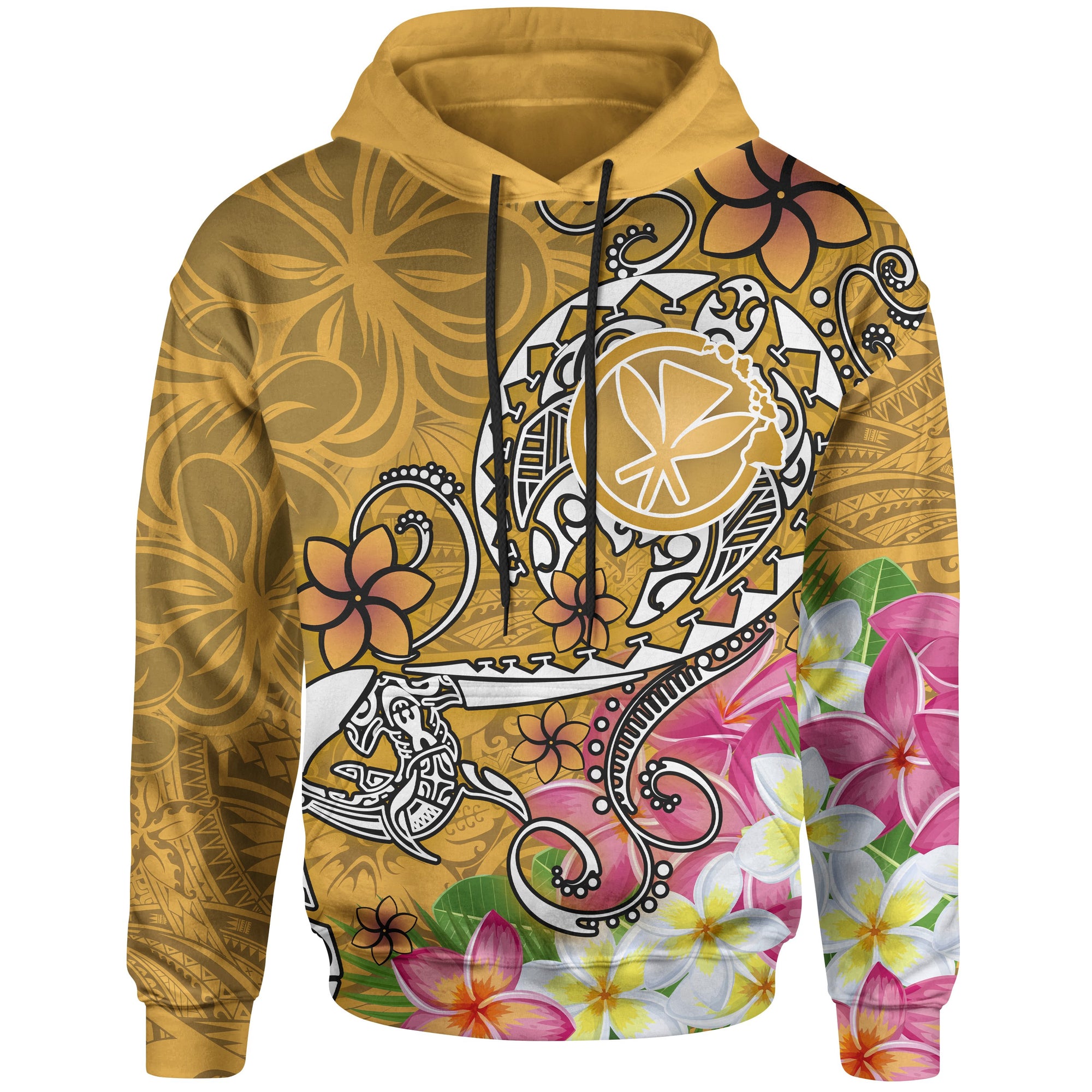 Hawaii Hoodie Turtle Plumeria Polynesian Tattoo Gold Color Unisex Gold - Polynesian Pride