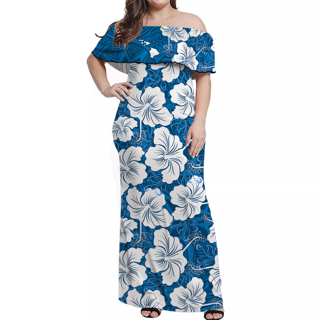 (Custom Personalised) Hawaii Off Shoulder Long Dress Blue Simple Tropical Flowers LT13 Women Blue - Polynesian Pride