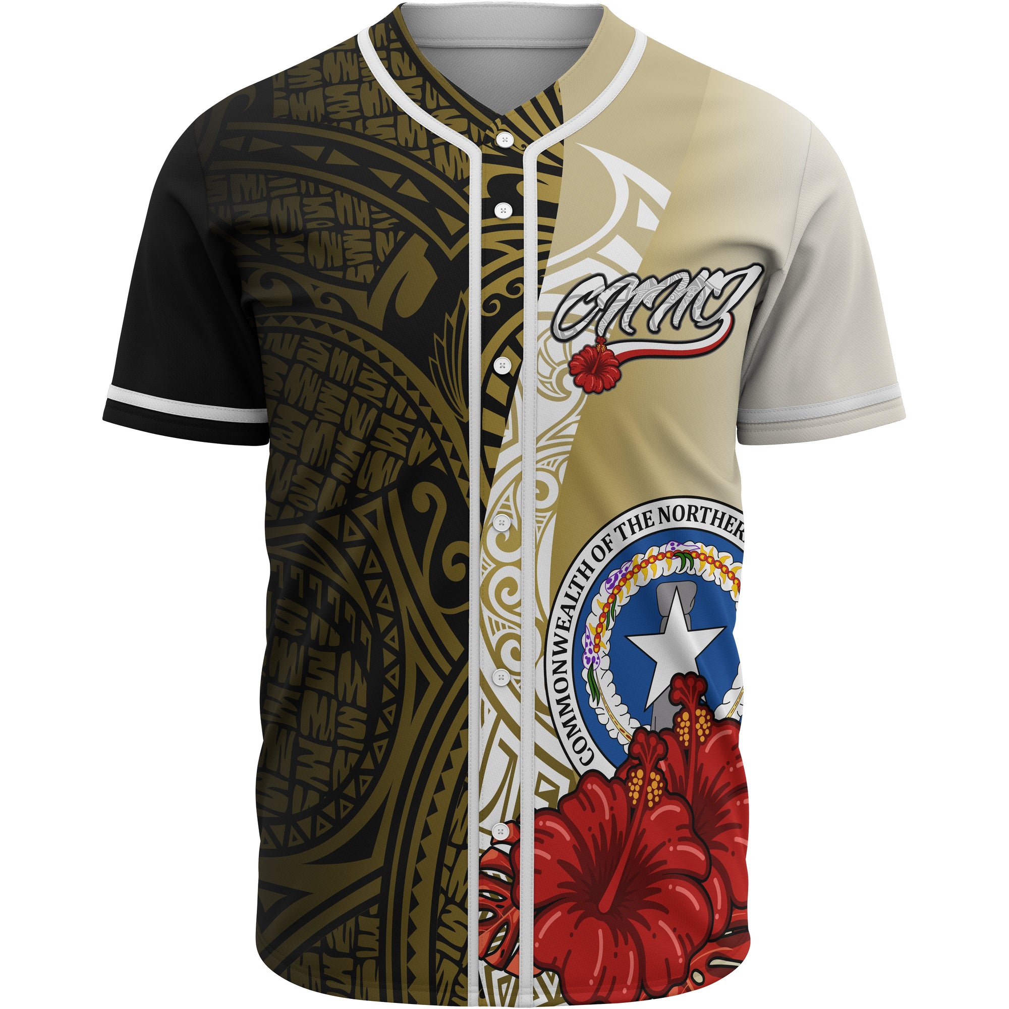 Northern Mariana Islands Polynesian Baseball Shirt - Coat Of Arm With Hibiscus Gold Unisex Gold - Polynesian Pride