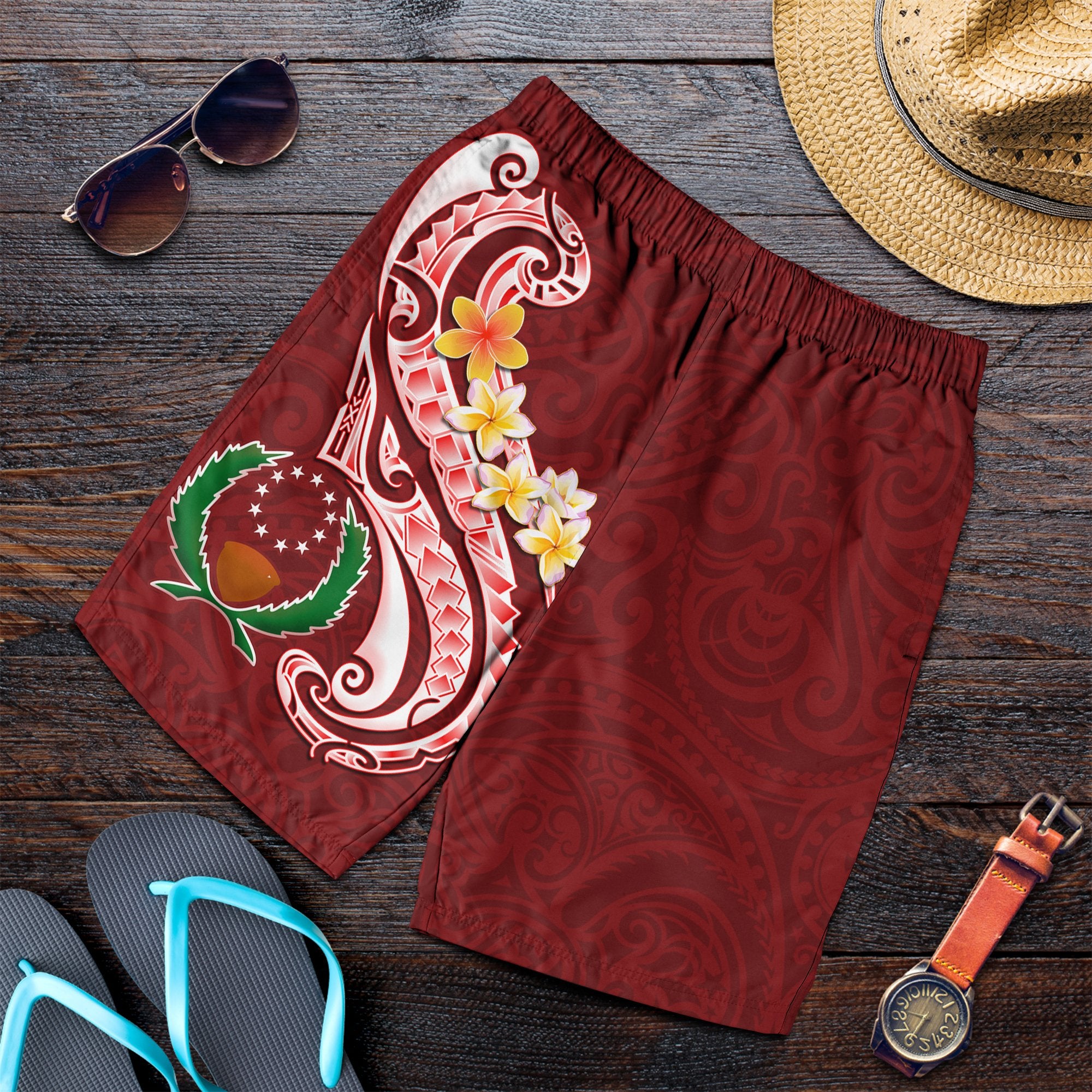 Pohnpei Men's Shorts - Pohnpei Seal Polynesian Patterns Plumeria Red - Polynesian Pride