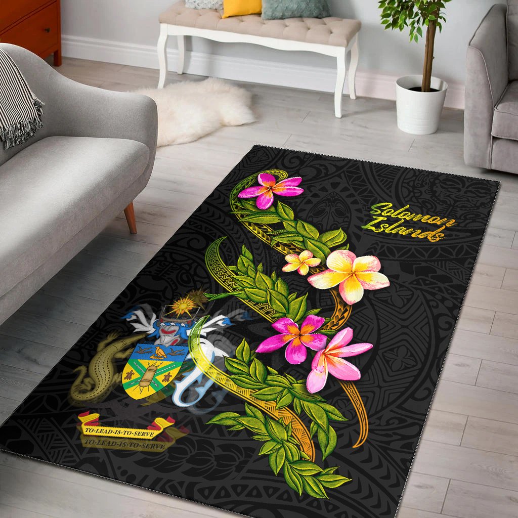 Solomon Islands Polynesian Area Rug - Plumeria Tribal Black - Polynesian Pride