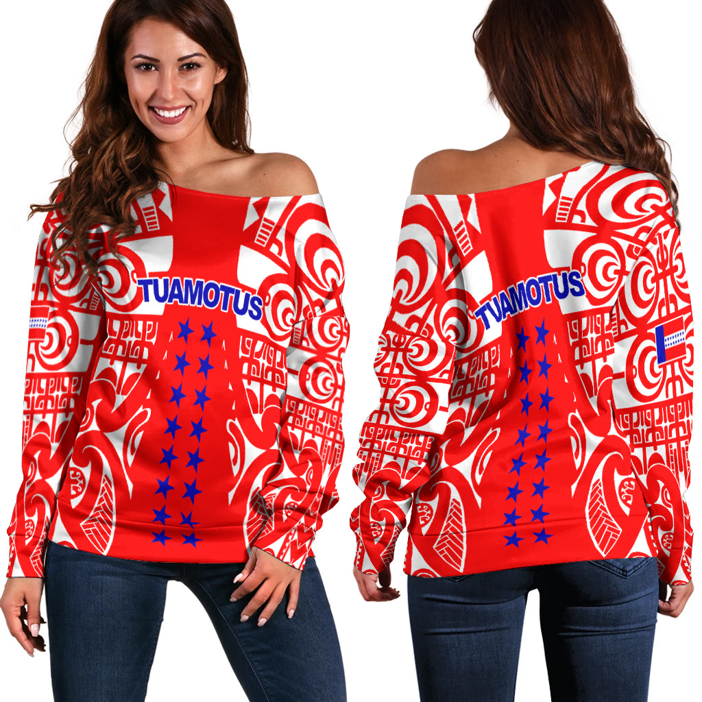 Tuamotu Archipelago Tribal Tattoo Women Off Shoulder Sweater - LT12 Red - Polynesian Pride