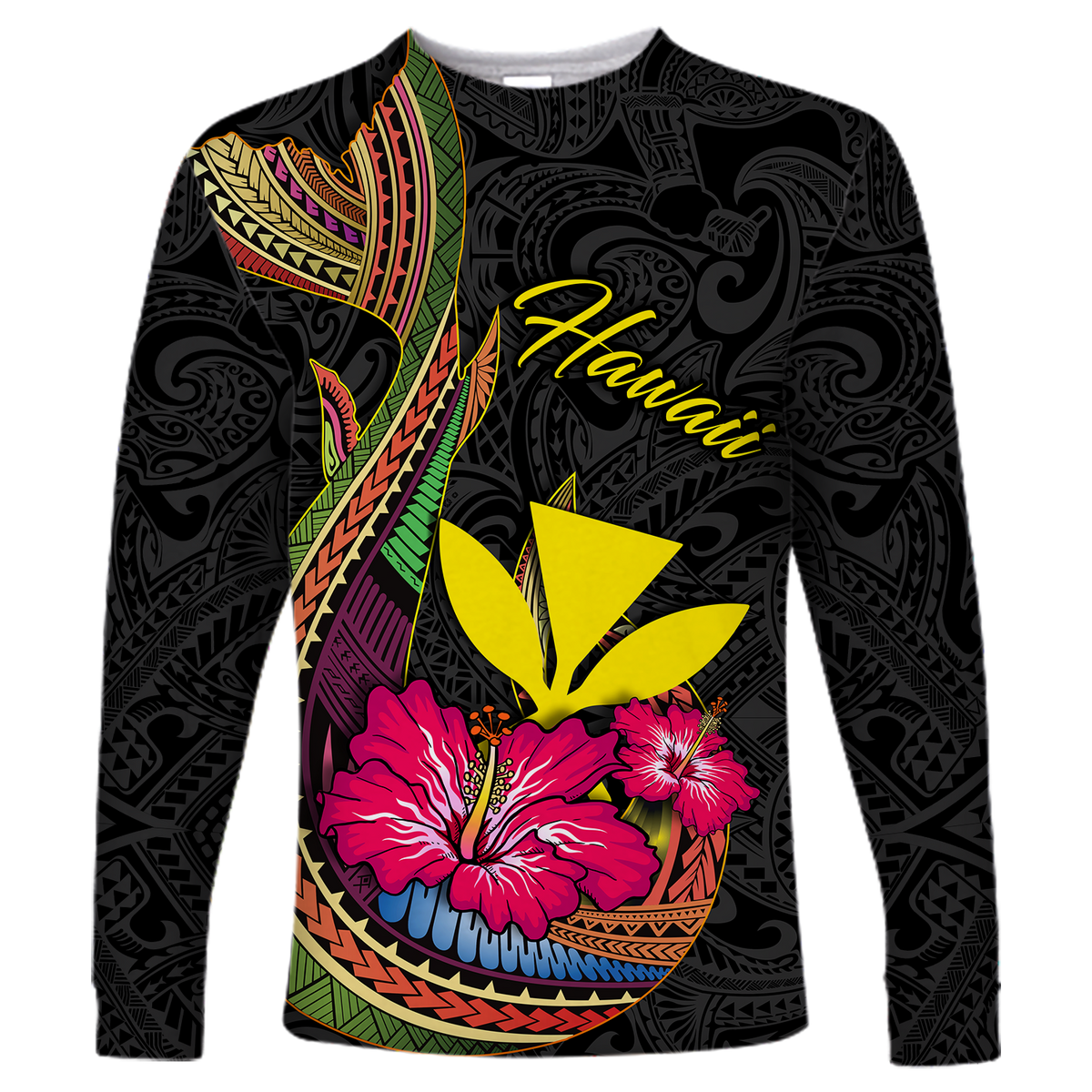 Hawaii Polynesian Fish Hook Hibiscus Long Sleeve Shirt - LT12 Unisex Black - Polynesian Pride