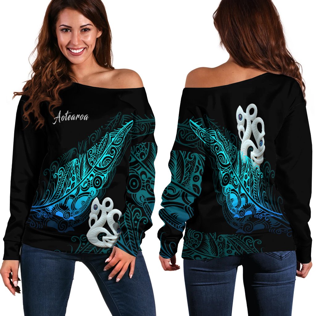 Aotearoa Off Shoulder Sweater Fern Mix Manaia Matau LT13 Blue - Polynesian Pride