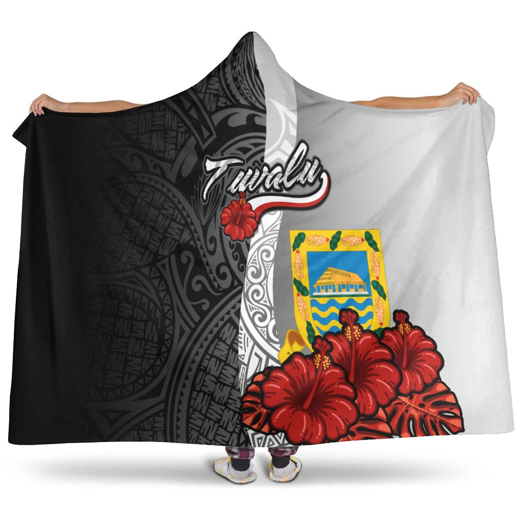 Tuvalu Polynesian Hooded Blanket - Coat Of Arm With Hibiscus White Hooded Blanket White - Polynesian Pride