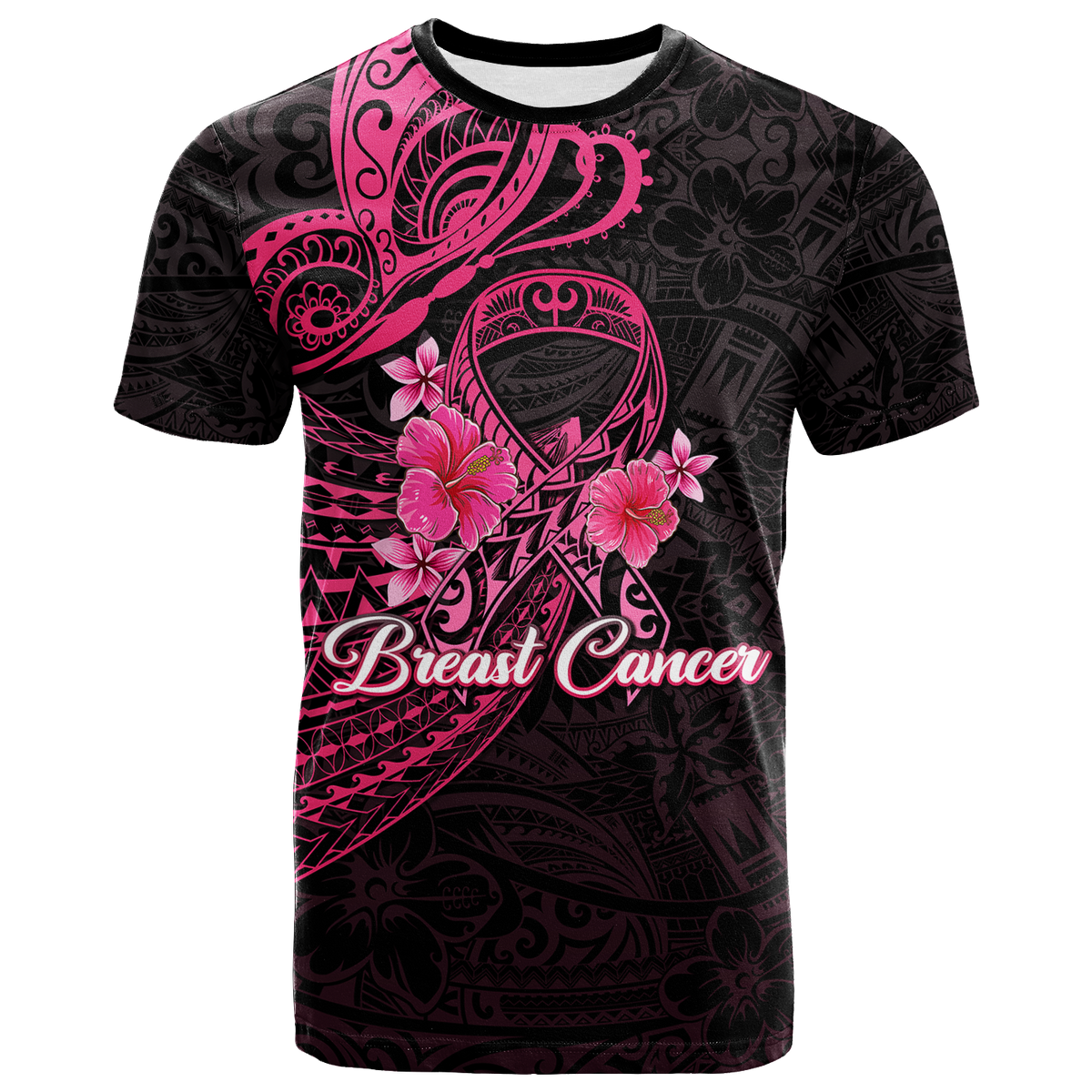 Breast Cancer Pink Ribbon Butterfly Polynesian Black Version T Shirt LT12 Unisex Black - Polynesian Pride