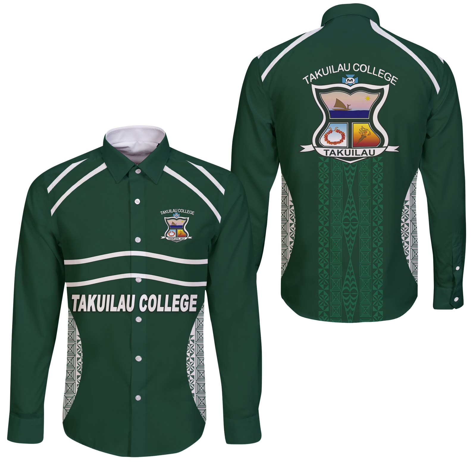 Takuilau College Tongan Patterns Long Sleeve Button Shirt - LT12 Unisex Green - Polynesian Pride