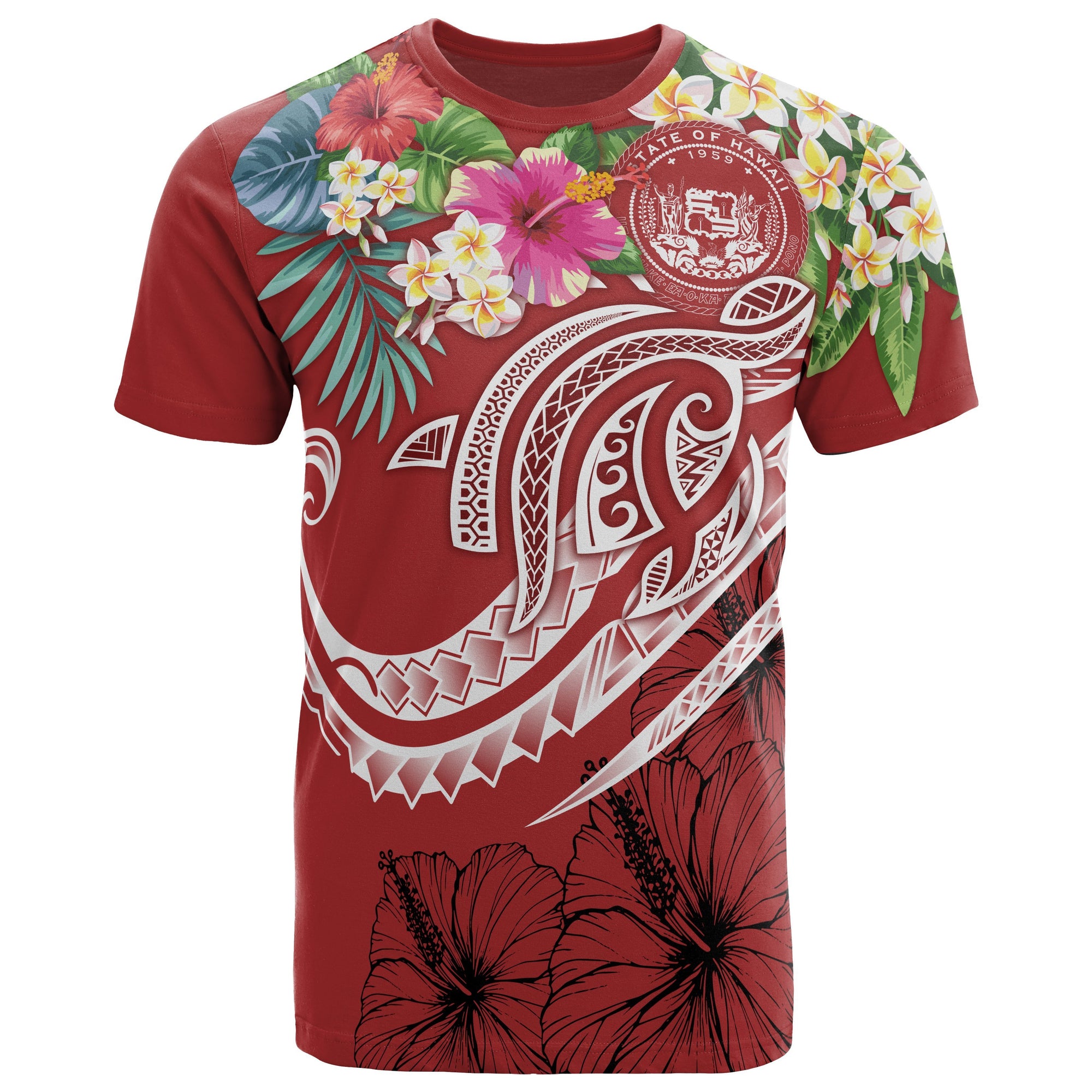 Polynesian Hawaii T Shirt Summer Plumeria (Red) Unisex Red - Polynesian Pride