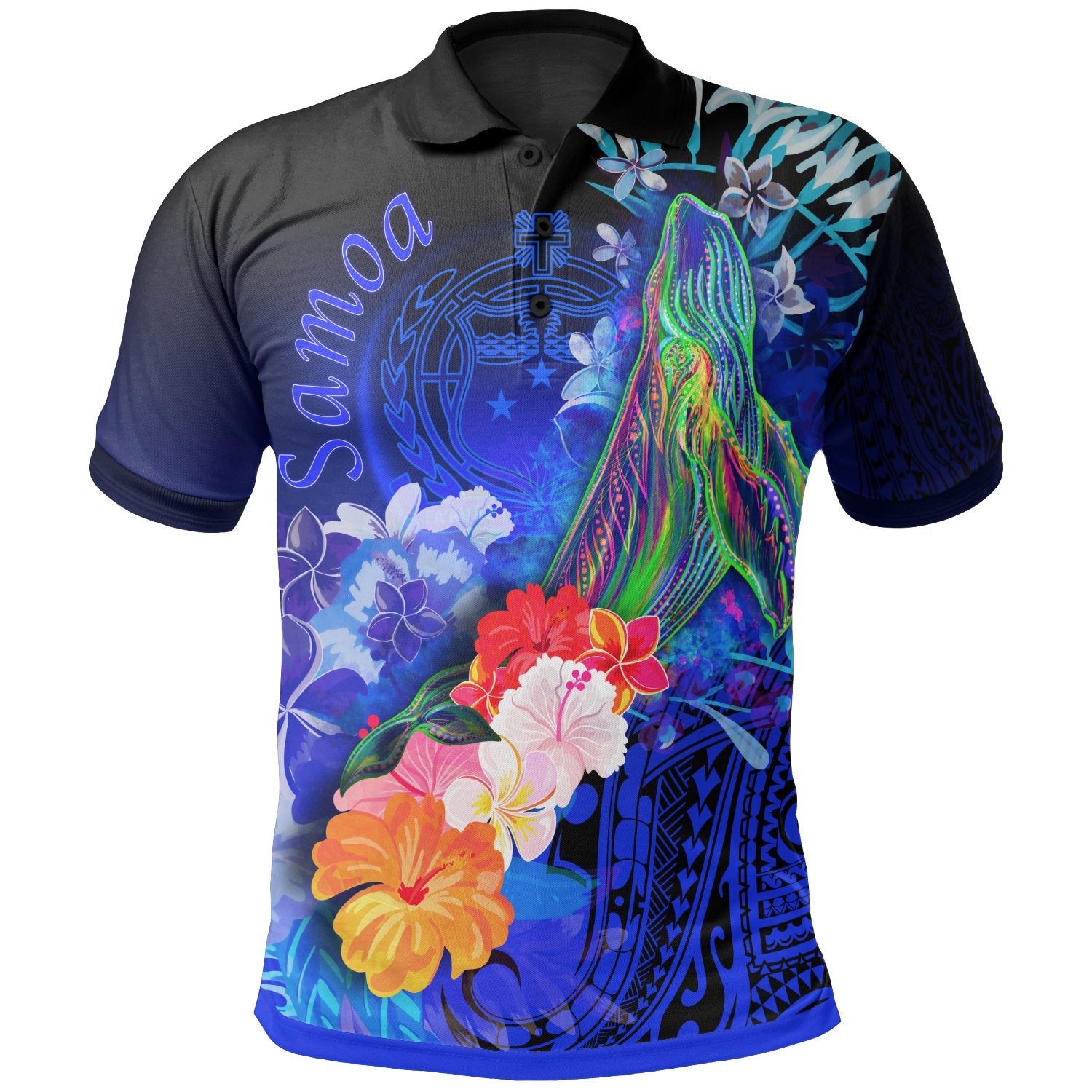 Samoa Polo Shirt Humpback Whale with Tropical Flowers (Blue) Unisex Blue - Polynesian Pride