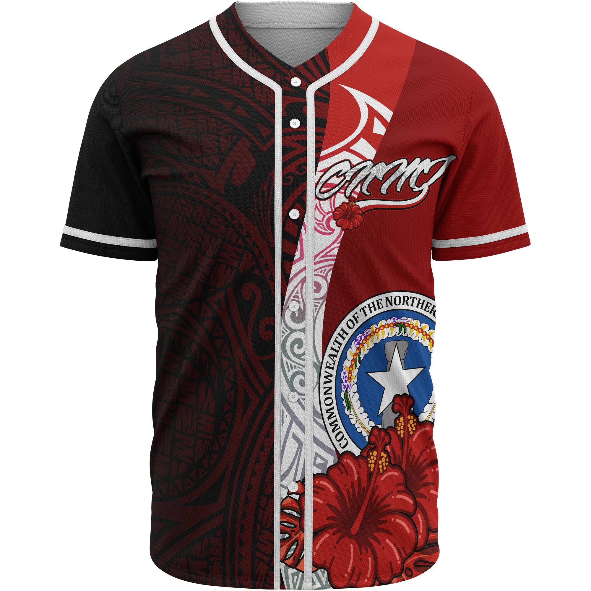 Northern Mariana Islands Polynesian Baseball Shirt - Coat Of Arm With Hibiscus Unisex Red - Polynesian Pride