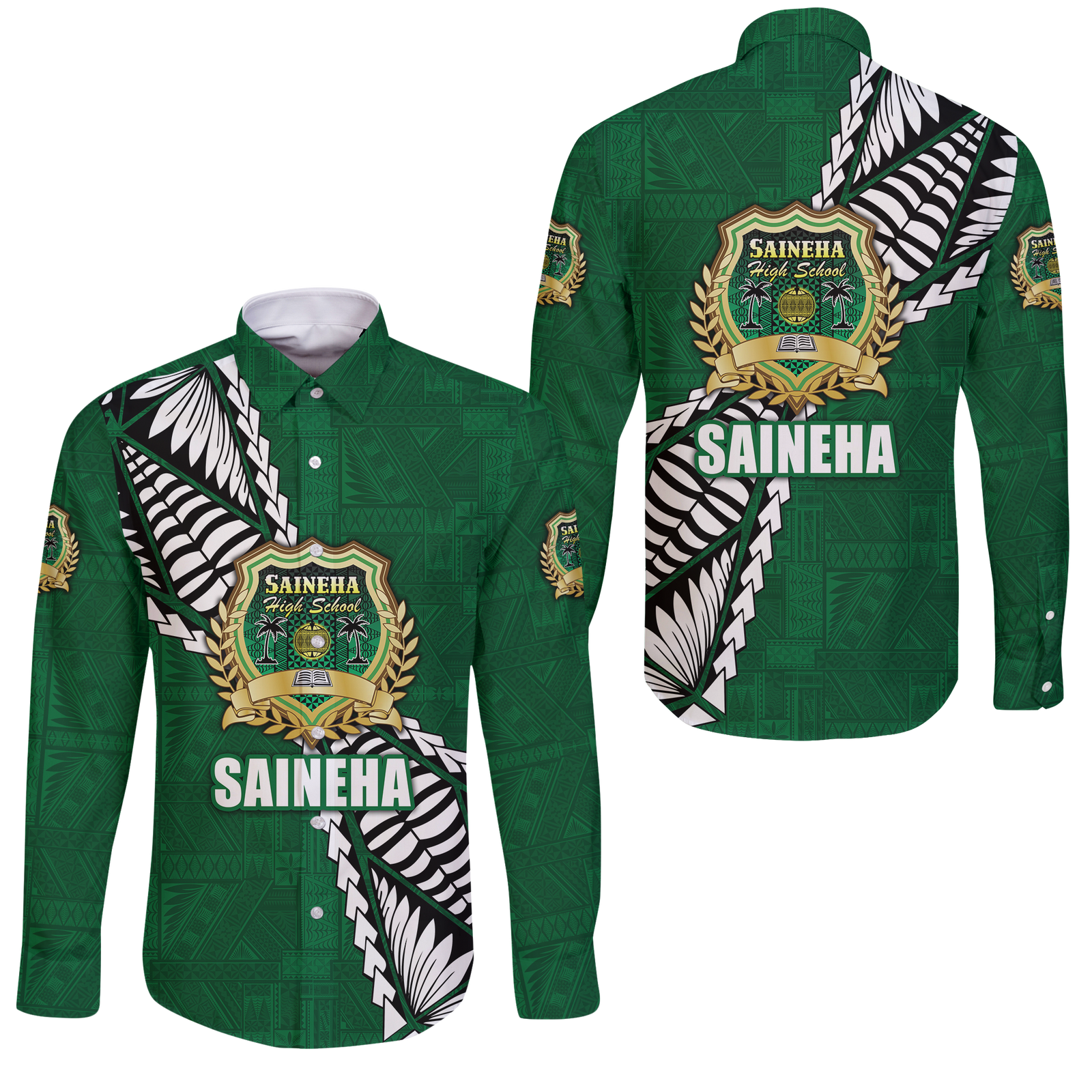 Tonga Saineha High School Tongan Patterns Long Sleeve Button Shirt - LT12 Unisex Green - Polynesian Pride