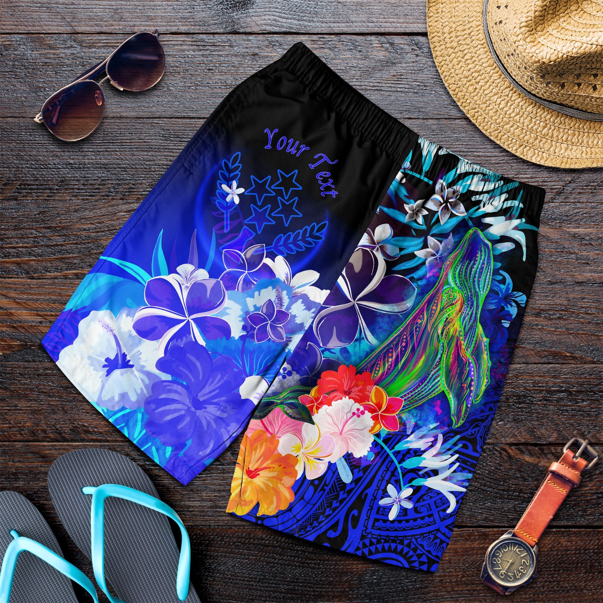 Kosrae Custom Personalised Men's Shorts - Humpback Whale with Tropical Flowers (Blue) Blue - Polynesian Pride