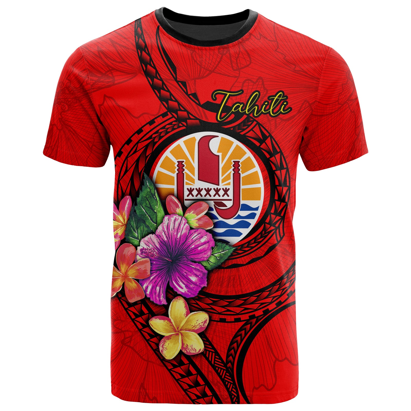 Tahiti Polynesian T Shirt Floral With Seal Red Unisex Red - Polynesian Pride