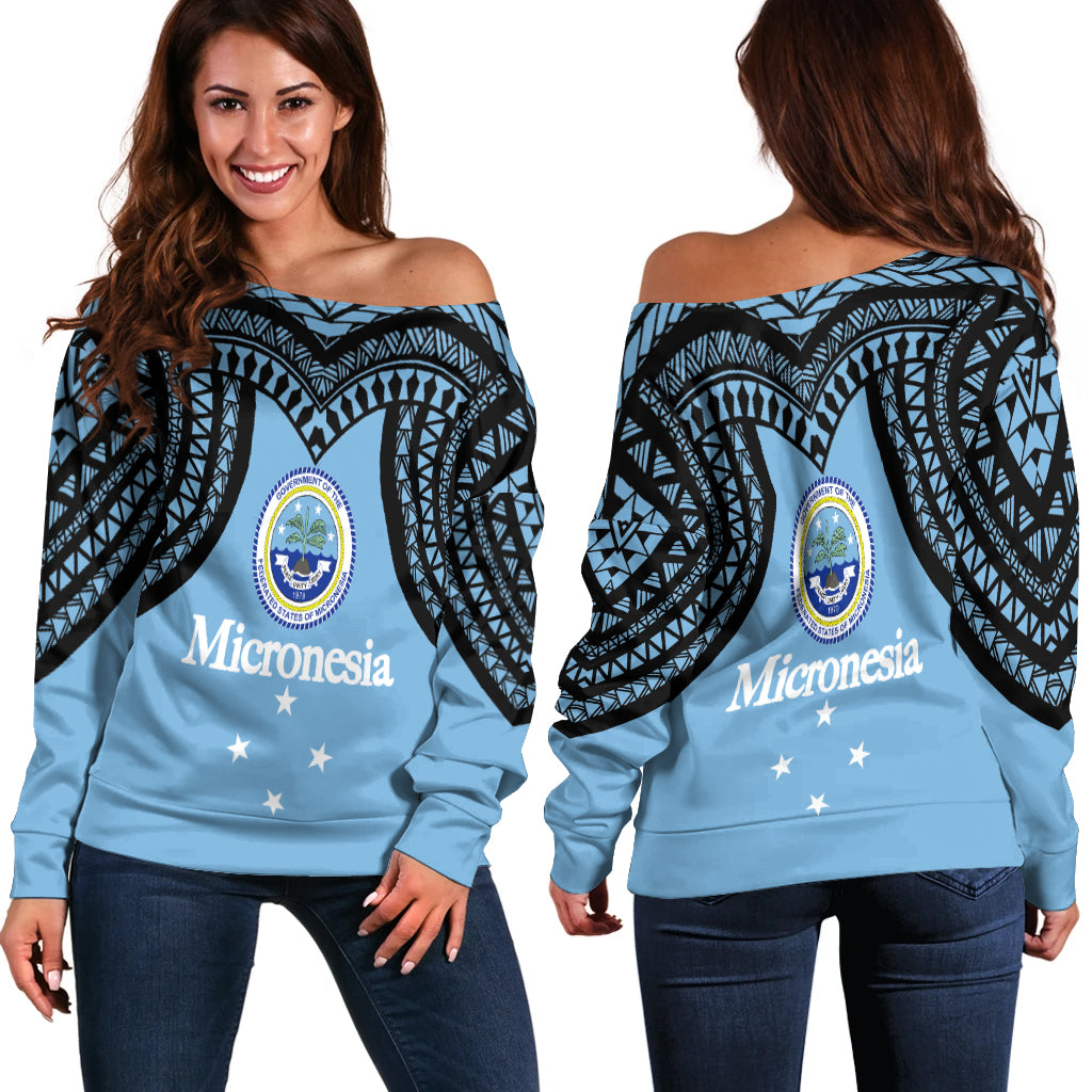 Federated States of Micronesia Women Off Shoulder Sweater - Micronesia Pattern - LT12 Blue - Polynesian Pride