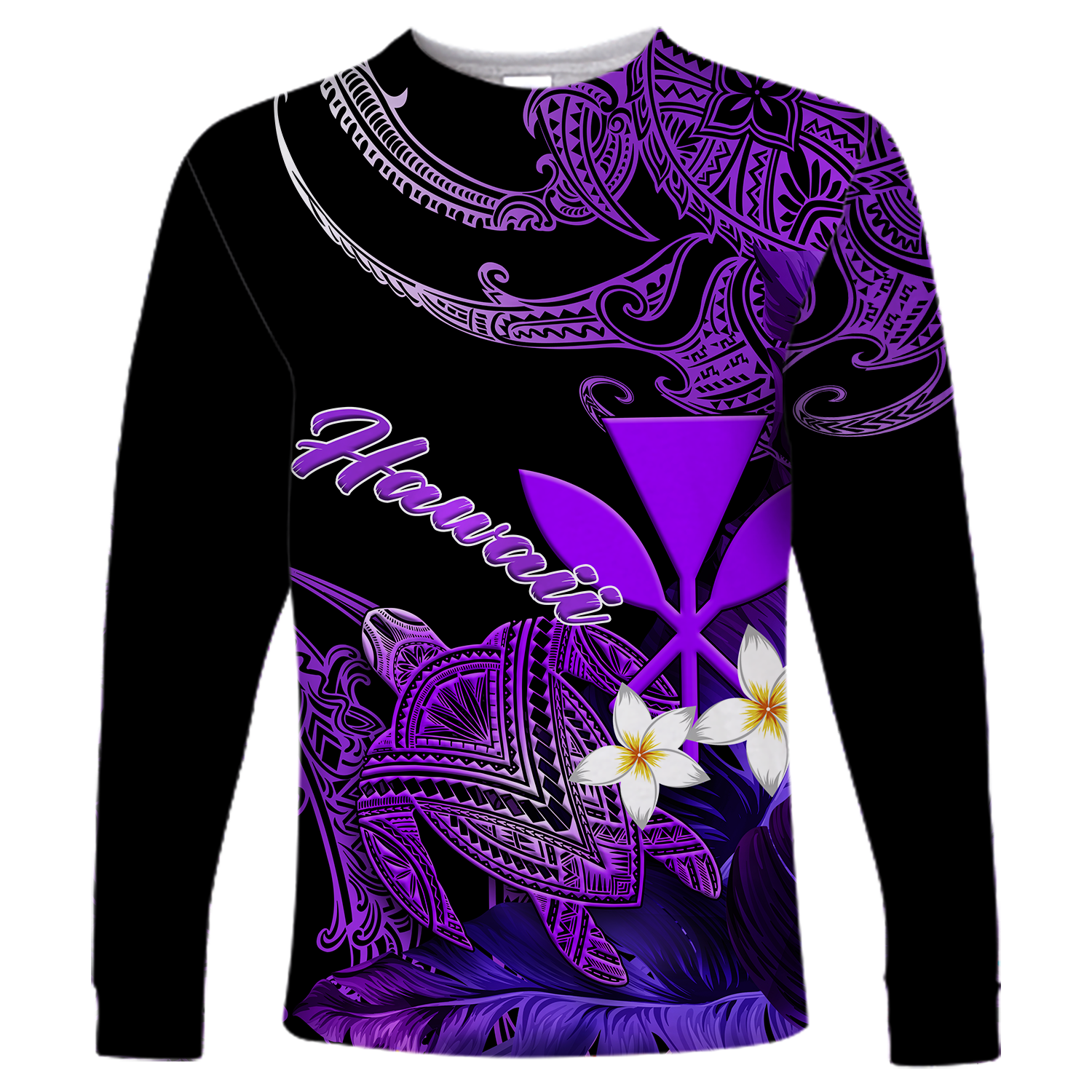 Hawaii Turtle With Plumeria Leaf Purple Long Sleeve Shirt - LT12 Unisex Black - Polynesian Pride