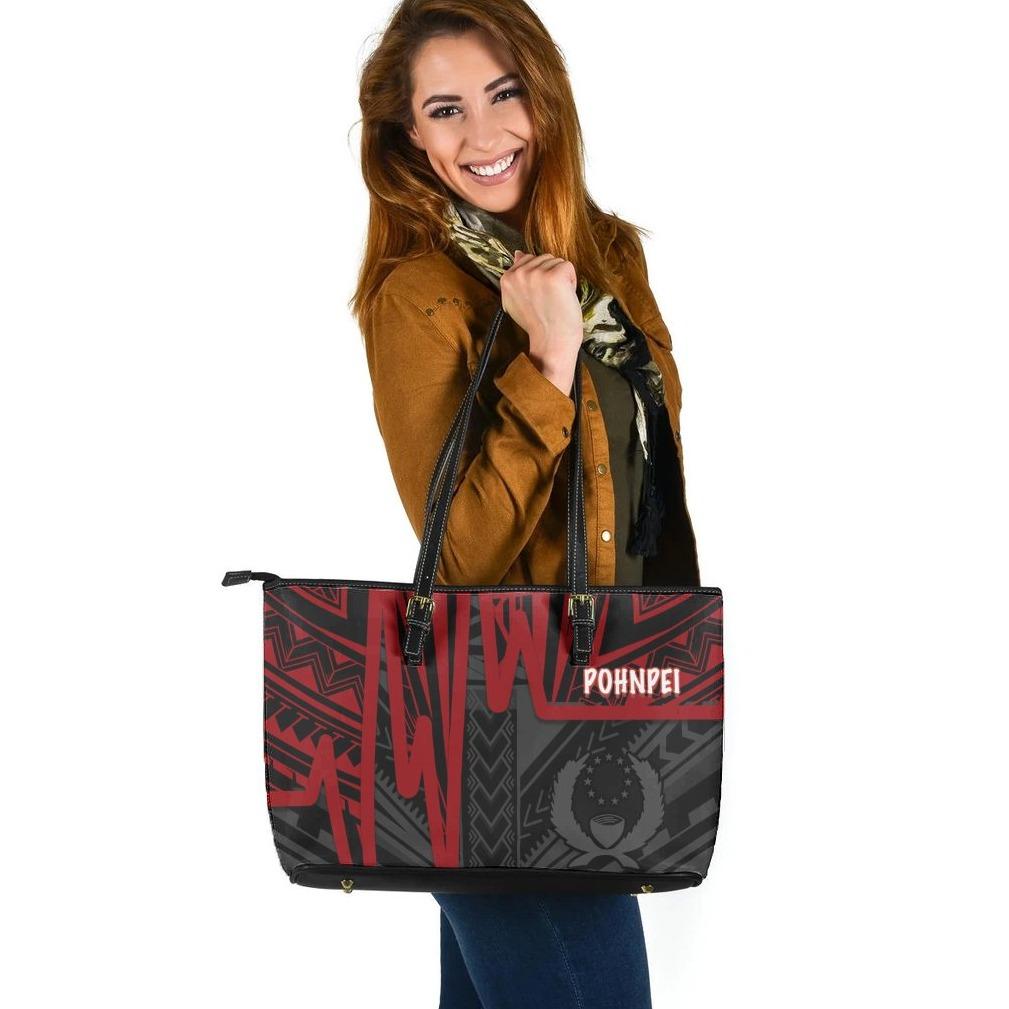 Pohnpei Large Leather Tote - Pohnpei Seal In Heartbeat Patterns Style (Red) Red - Polynesian Pride