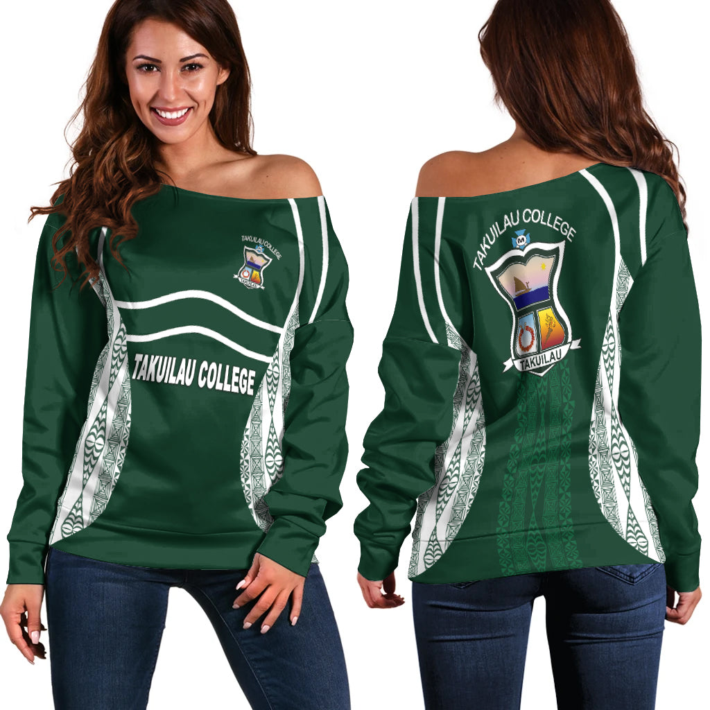 Takuilau College Tongan Patterns Women Off Shoulder Sweater - LT12 Women Off Shoulder Sweater Green - Polynesian Pride