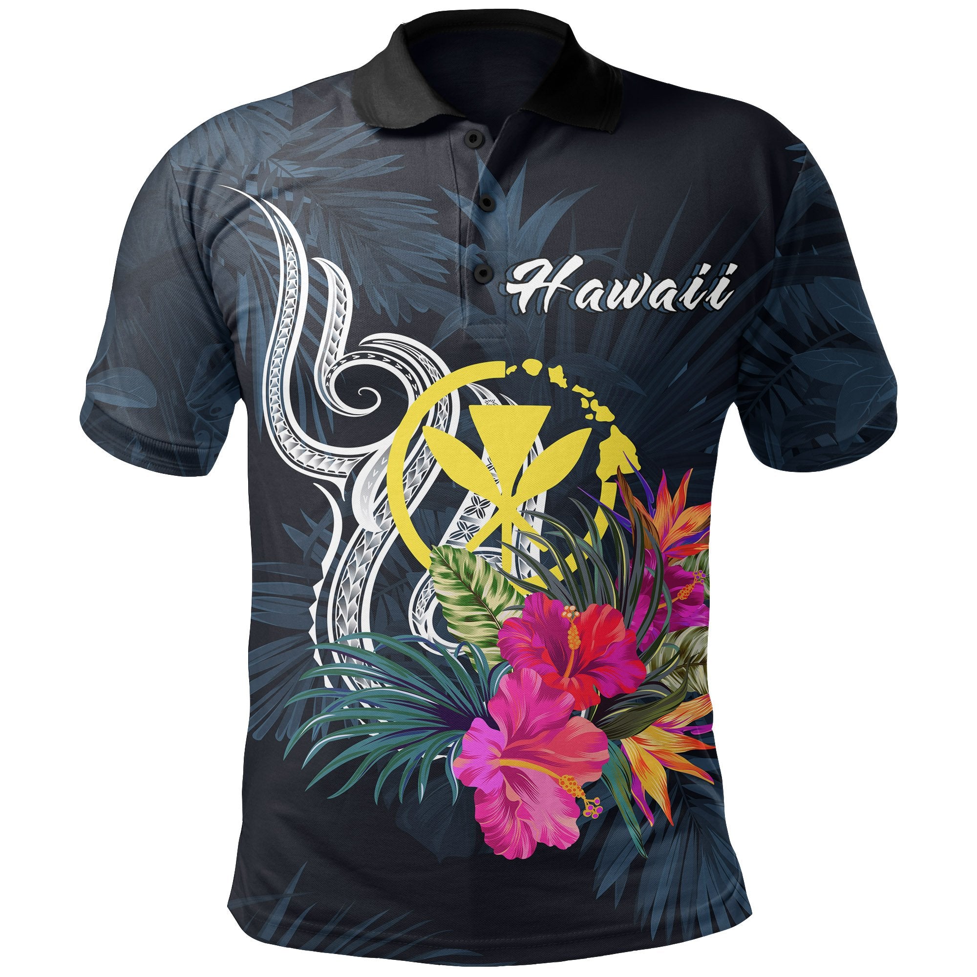 Hawaii Polynesian Polo Shirt Tropical Flower Unisex Blue - Polynesian Pride