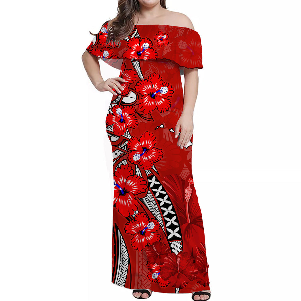 (Custom Personalised) Hawaii Off Shoulder Long Dress Polynesia Red Hibiscus and Map Mystical LT13 Women Red - Polynesian Pride