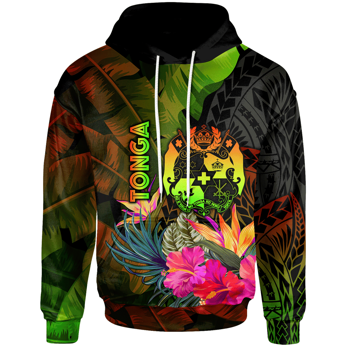 Tonga Polynesian Hoodie Hibiscus and Banana Leaves Unisex Reggae - Polynesian Pride