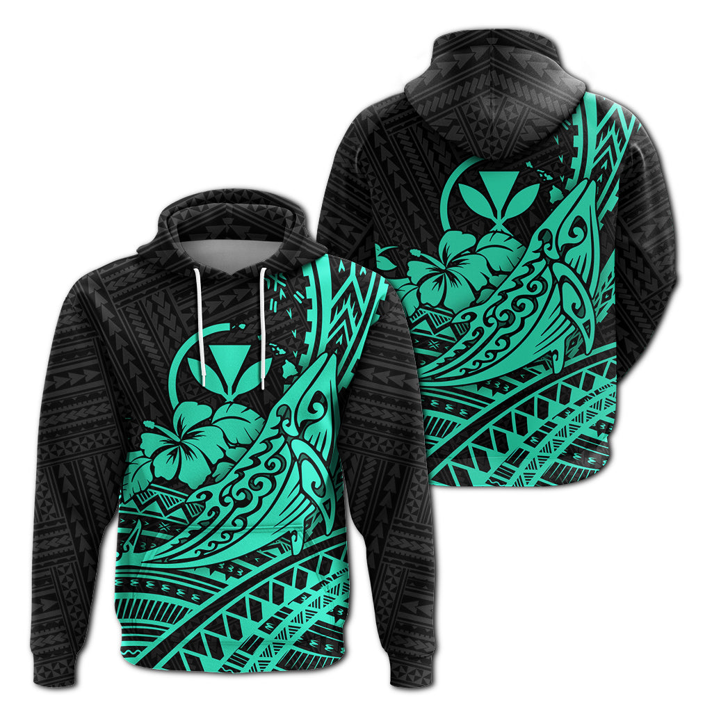 Hawaii Humpback Whale With Hibiscus Tribal Turquoise Hoodie LT12 Unisex Blue - Polynesian Pride