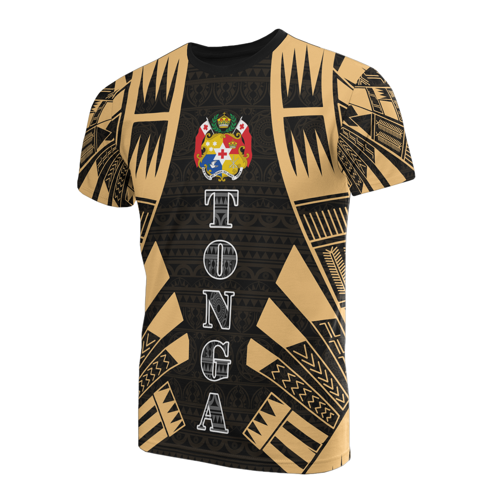 Tonga T Shirt Tonga Coat of Arms Polynesian Tattoo Gold Style Unisex Black-Gold - Polynesian Pride