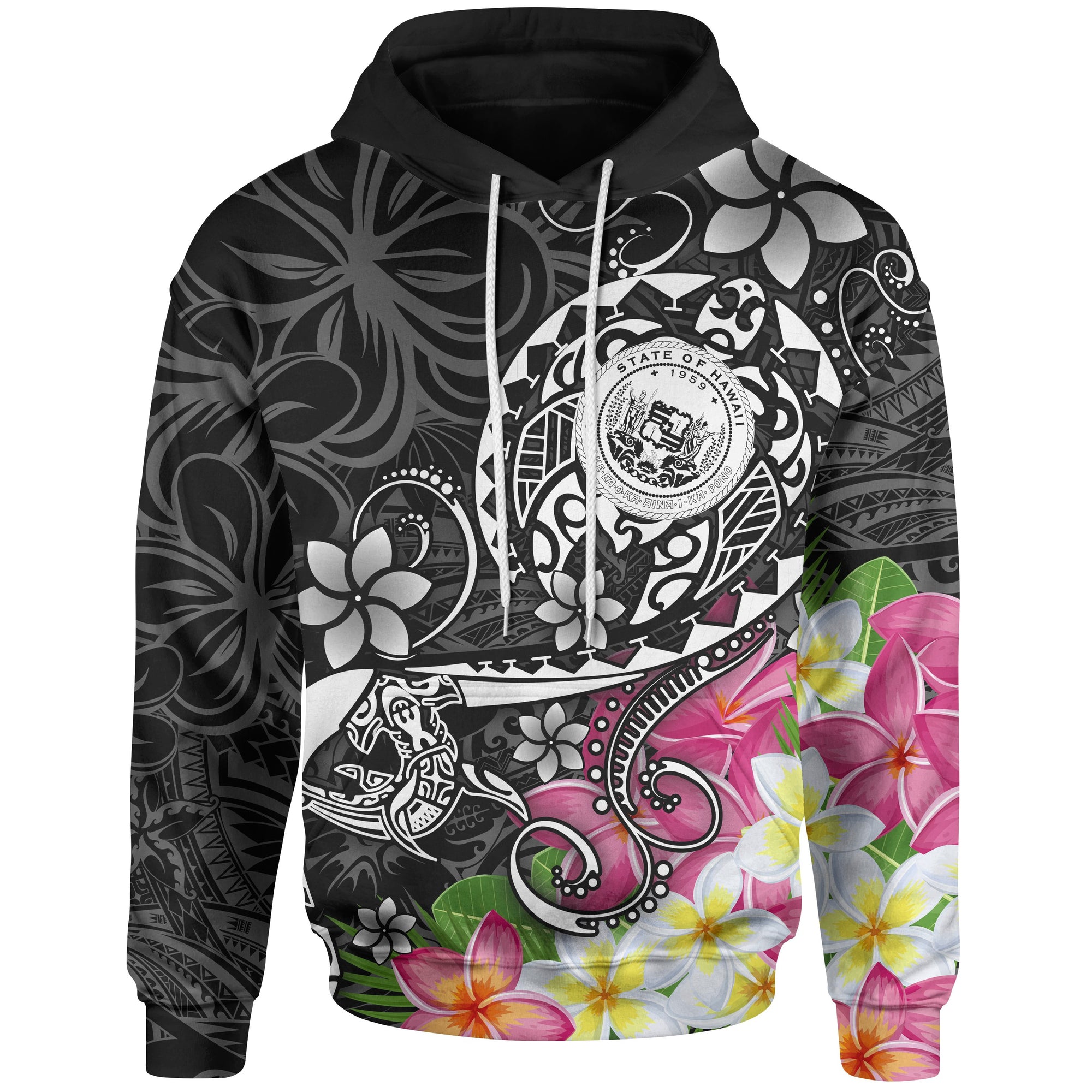 Hawaii Polynesian Hoodie Hawaii Seal With Turtle Plumeria (Black) Unisex Black - Polynesian Pride