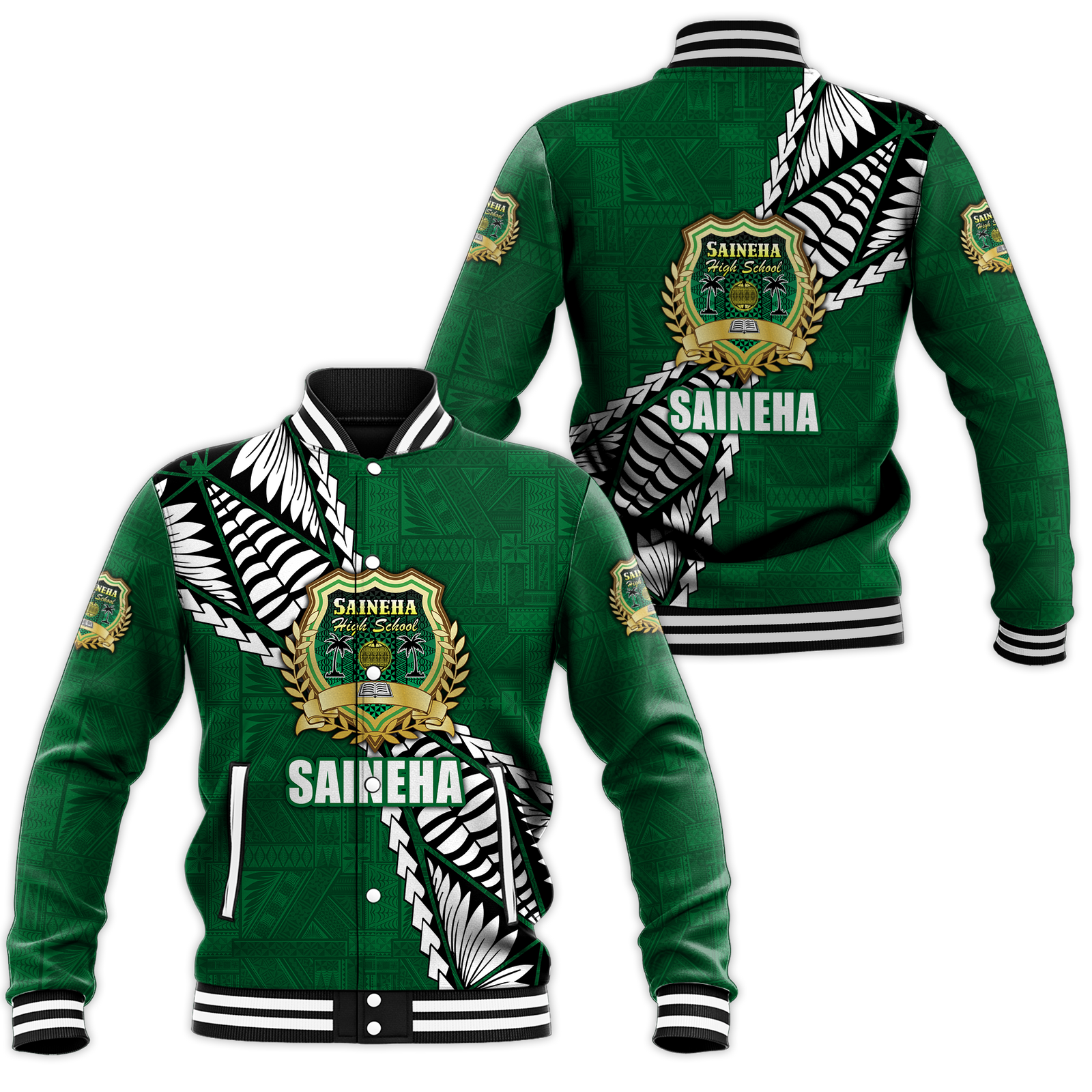 Tonga Saineha High School Tongan Patterns Baseball Jacket - LT12 Unisex Green - Polynesian Pride