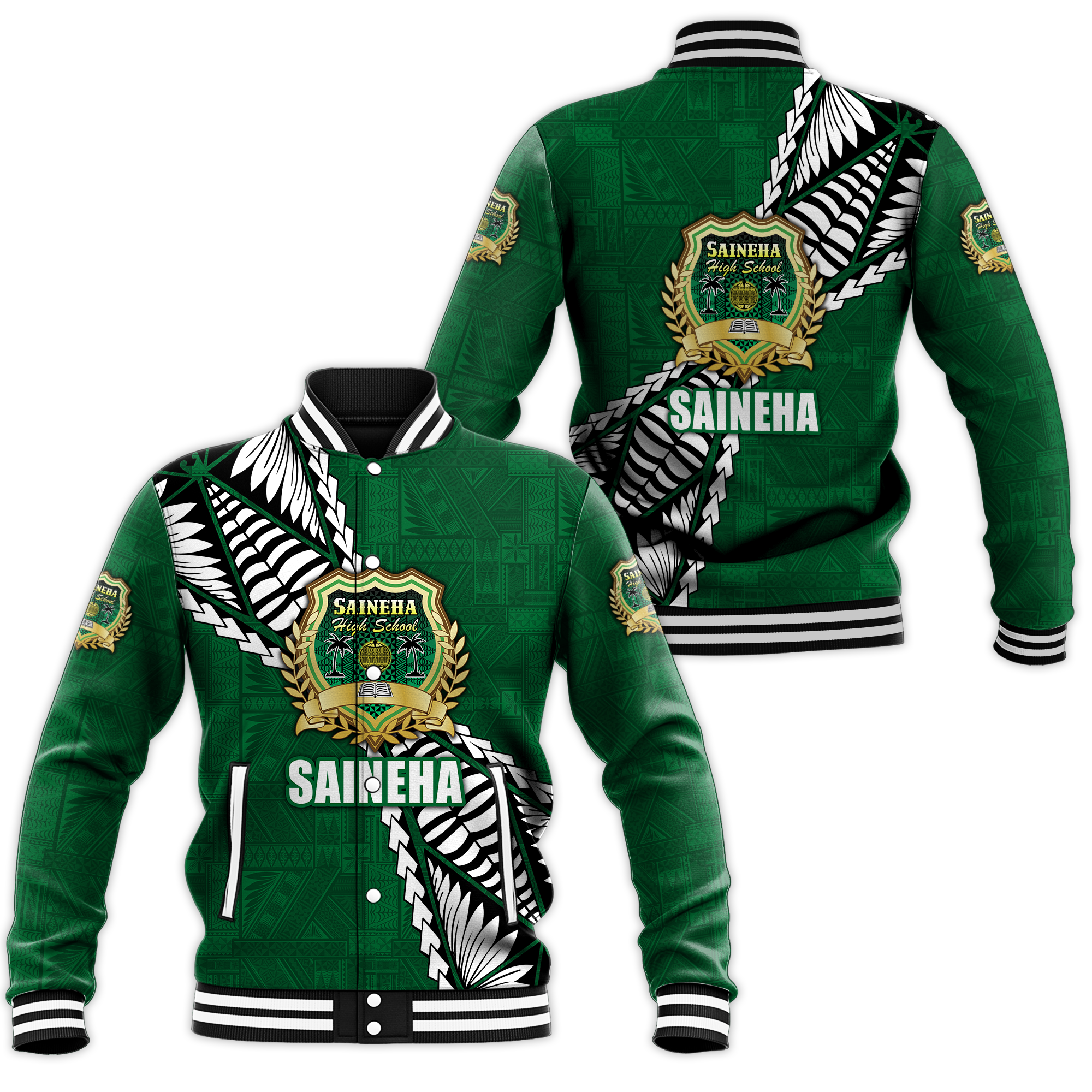 Tonga Saineha High School Tongan Patterns Baseball Jacket - LT12 Unisex Green - Polynesian Pride