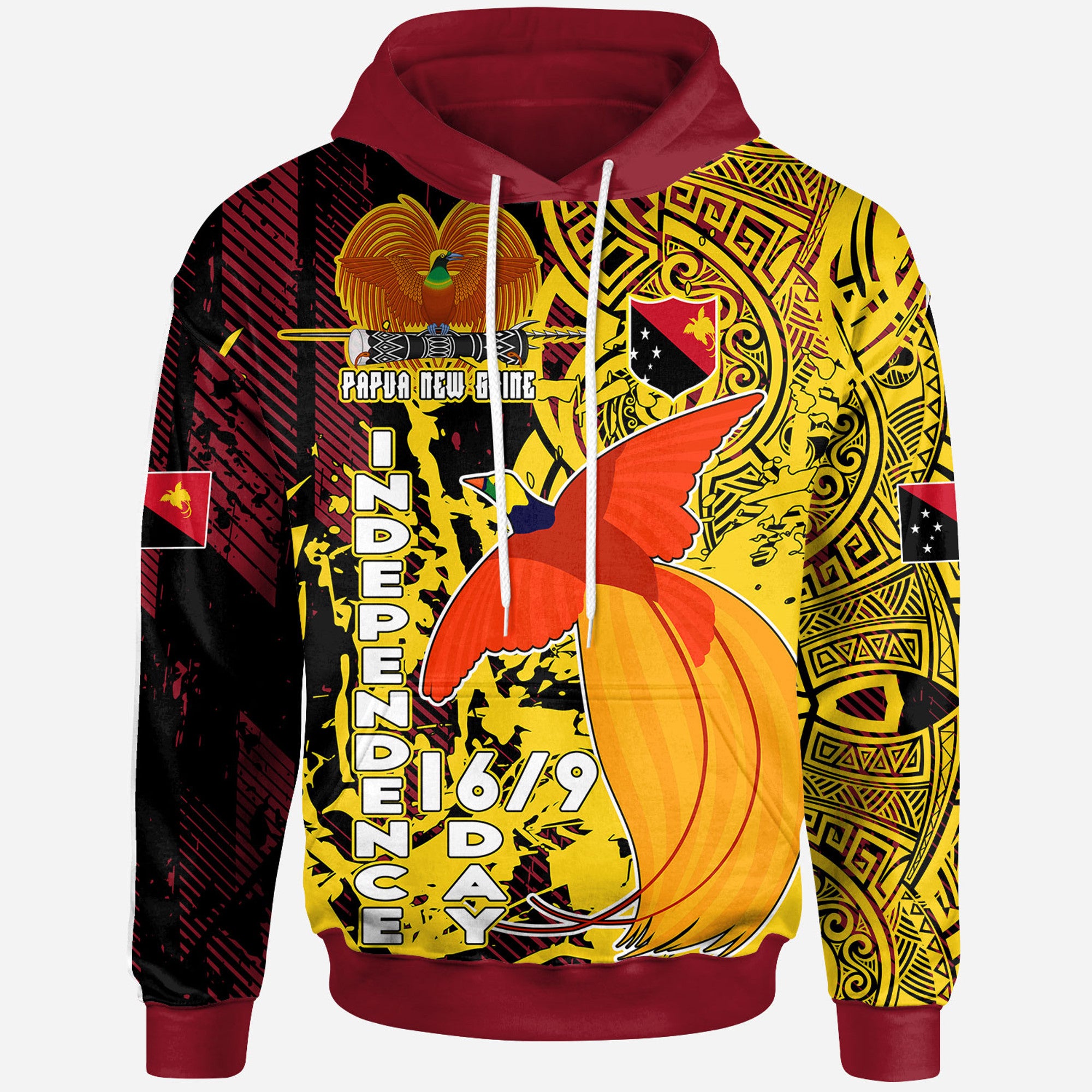 Papua New Guinea Hoodie Custom PNG Independence Day With Raggiana Bird of Paradise Polynesian Grunge Style Hoodie Yellow - Polynesian Pride