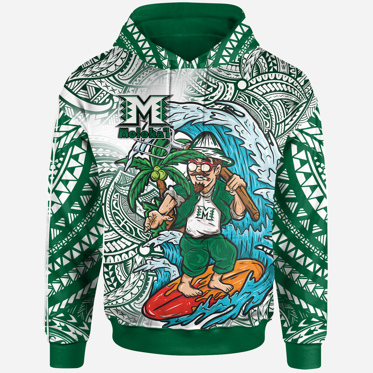 Hawaii Custom Hoodie Molokai High School Surfing Farmer With Polynesian Tribal Patterns LT10 Green - Polynesian Pride