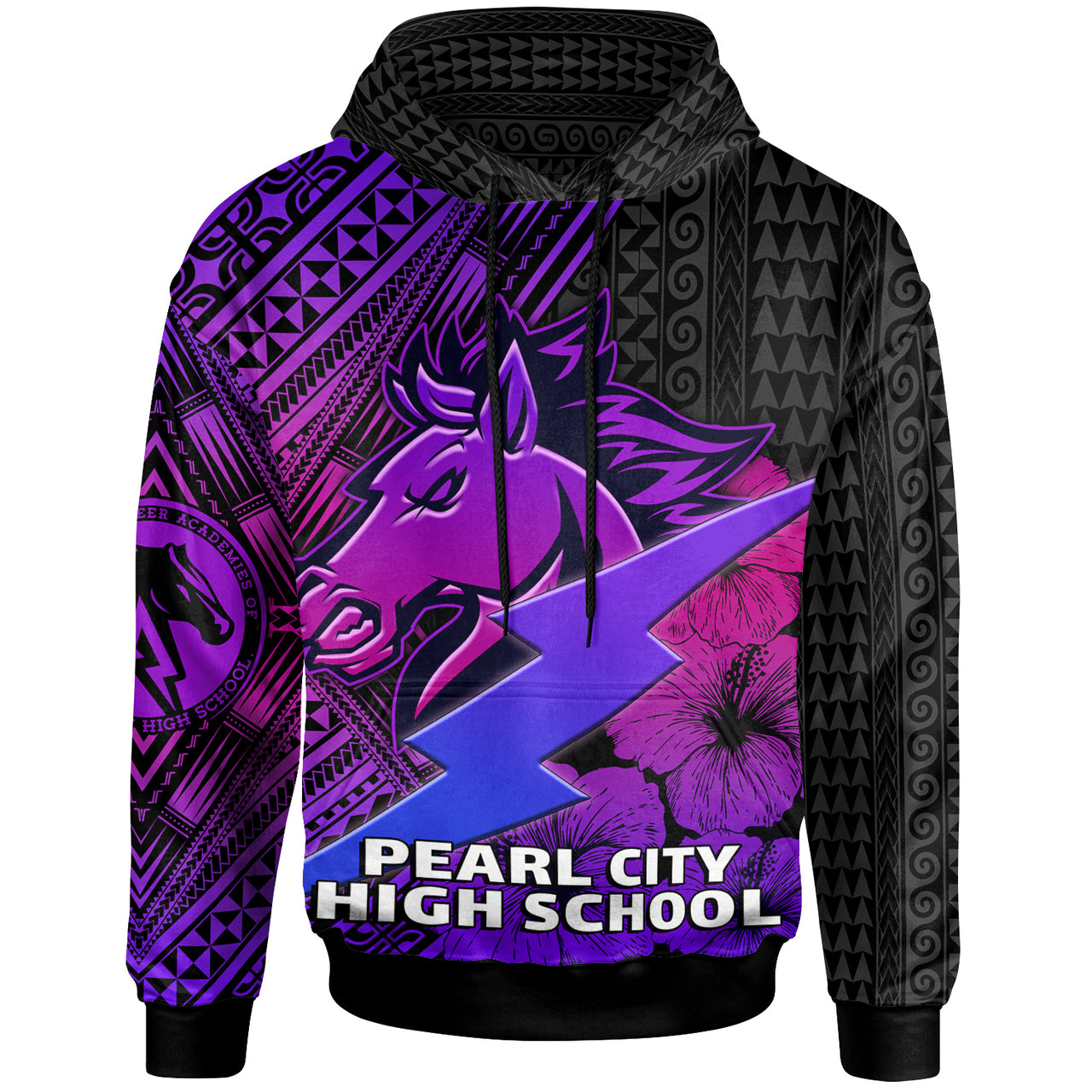 Hawaii Custom Hoodie Pearl City High School Horse and Thunder Hibiscus Polynesian LT10 Purple - Polynesian Pride