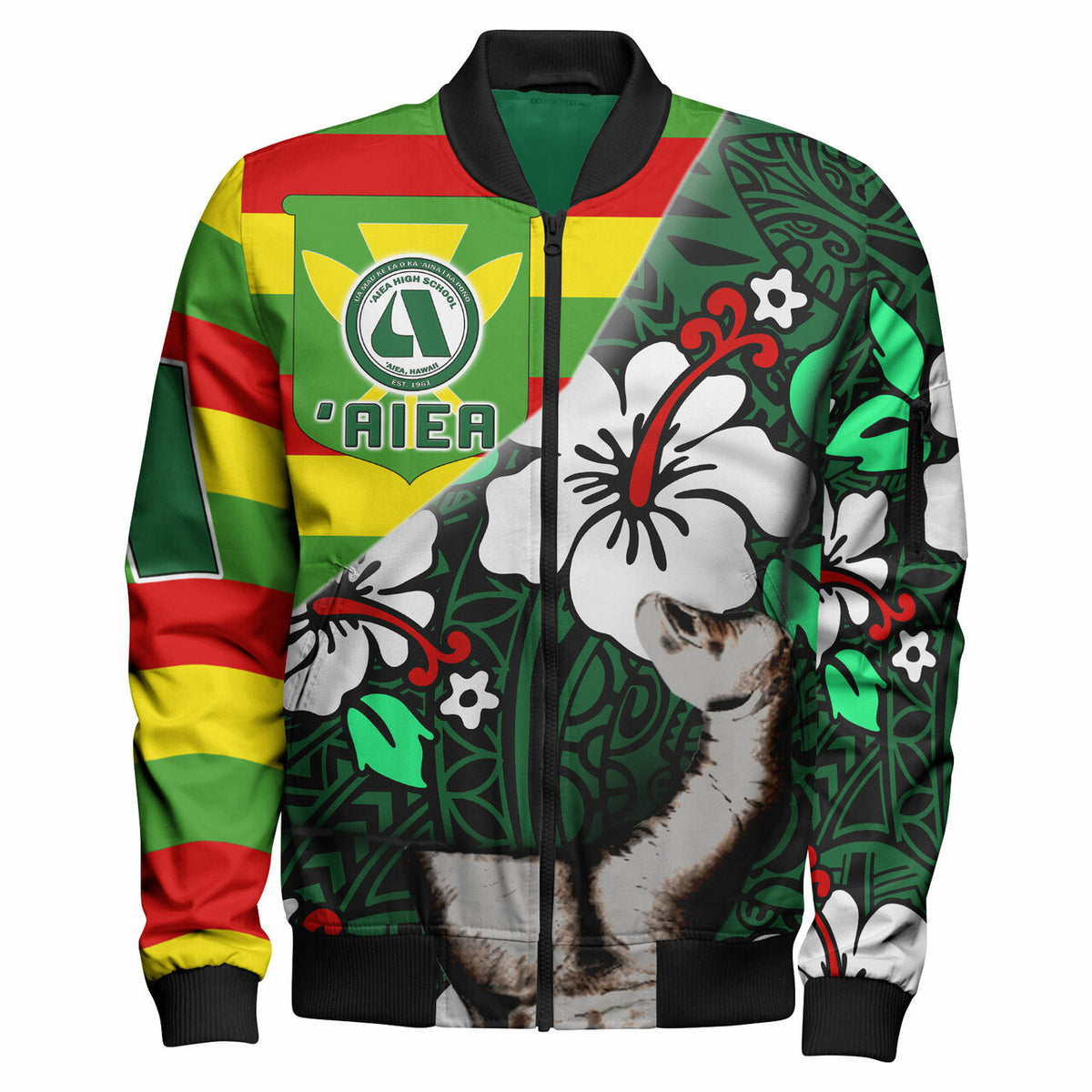 Hawaii Polynesian Patronage Bomber Jacket - 'Aiea High School Bloods In My Veins LT10 Unisex Green - Polynesian Pride
