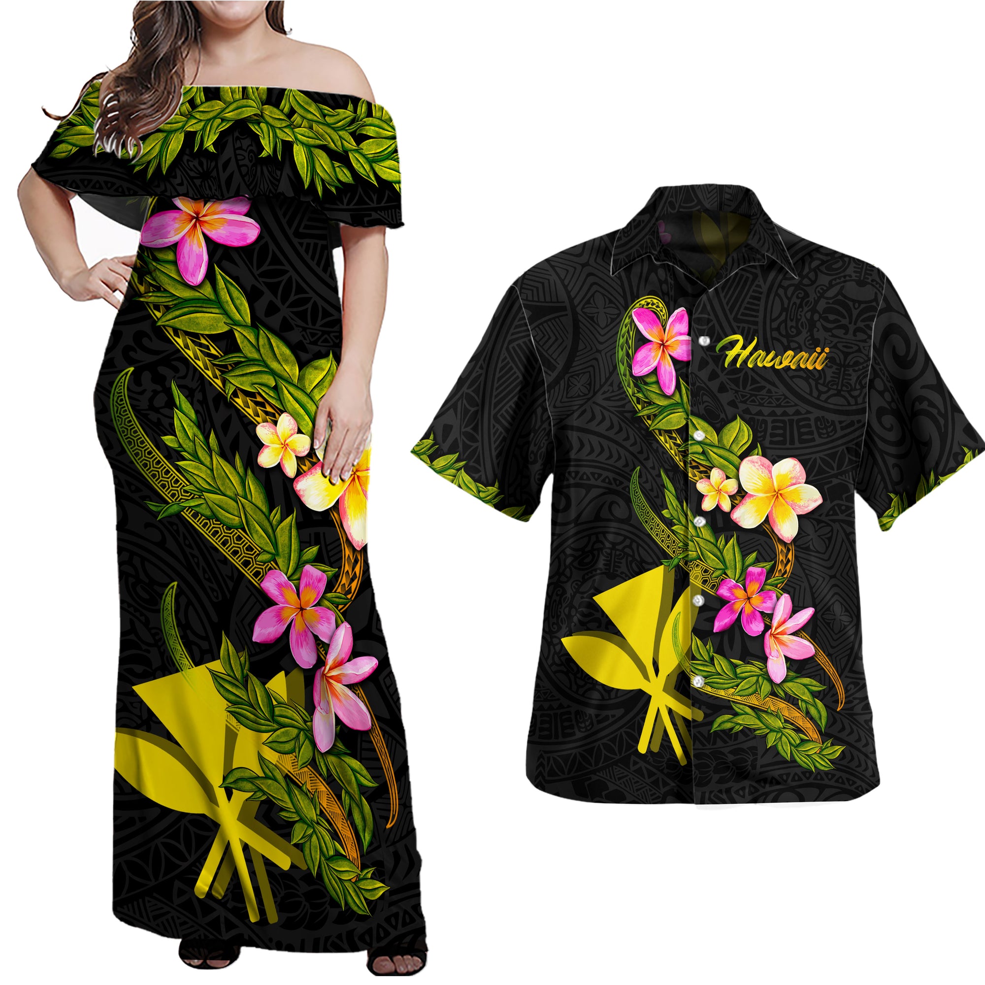 Polynesian Couple Outfits Hawaii Polynesian Matching Dress and Hawaiian Shirt Plumeria Tribal Black - Polynesian Pride