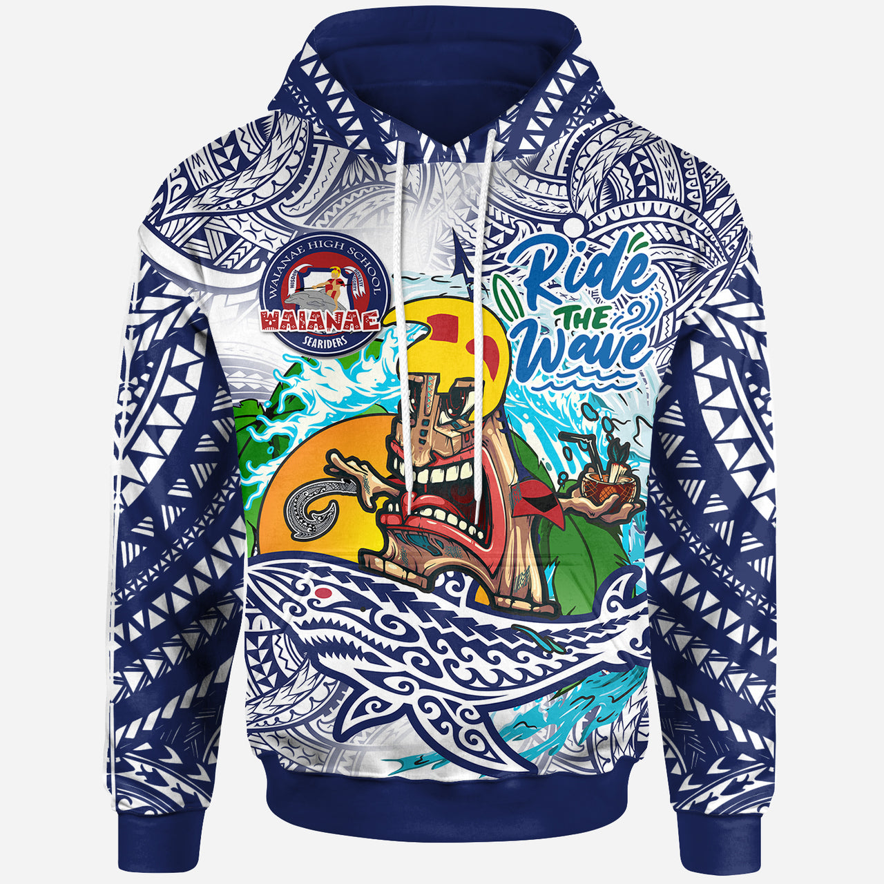 Hawaii Custom Hoodie Waianae High School Tribal Tiki Shark Riders Polynesian Pride Hoodie LT10 Blue - Polynesian Pride