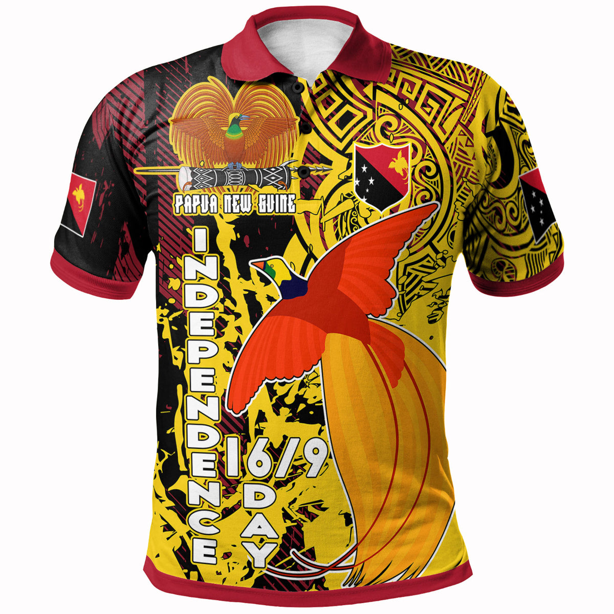 Papua New Guinea Polo Shirt Custom PNG Independence Day With Raggiana Bird of Paradise Polynesian Grunge Style Polo Shirt Yellow - Polynesian Pride