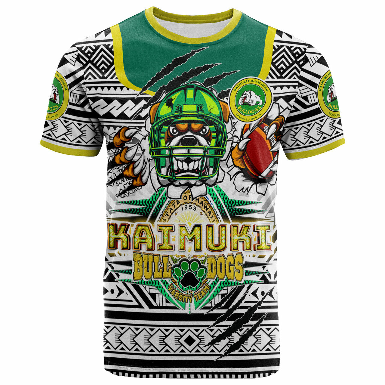 Hawaii Kaimuki High School Custom Polynesian T Shirt Kaimuki High School (Honolulu, HI) Varsity Football Tribal Patterns LT10 White - Polynesian Pride