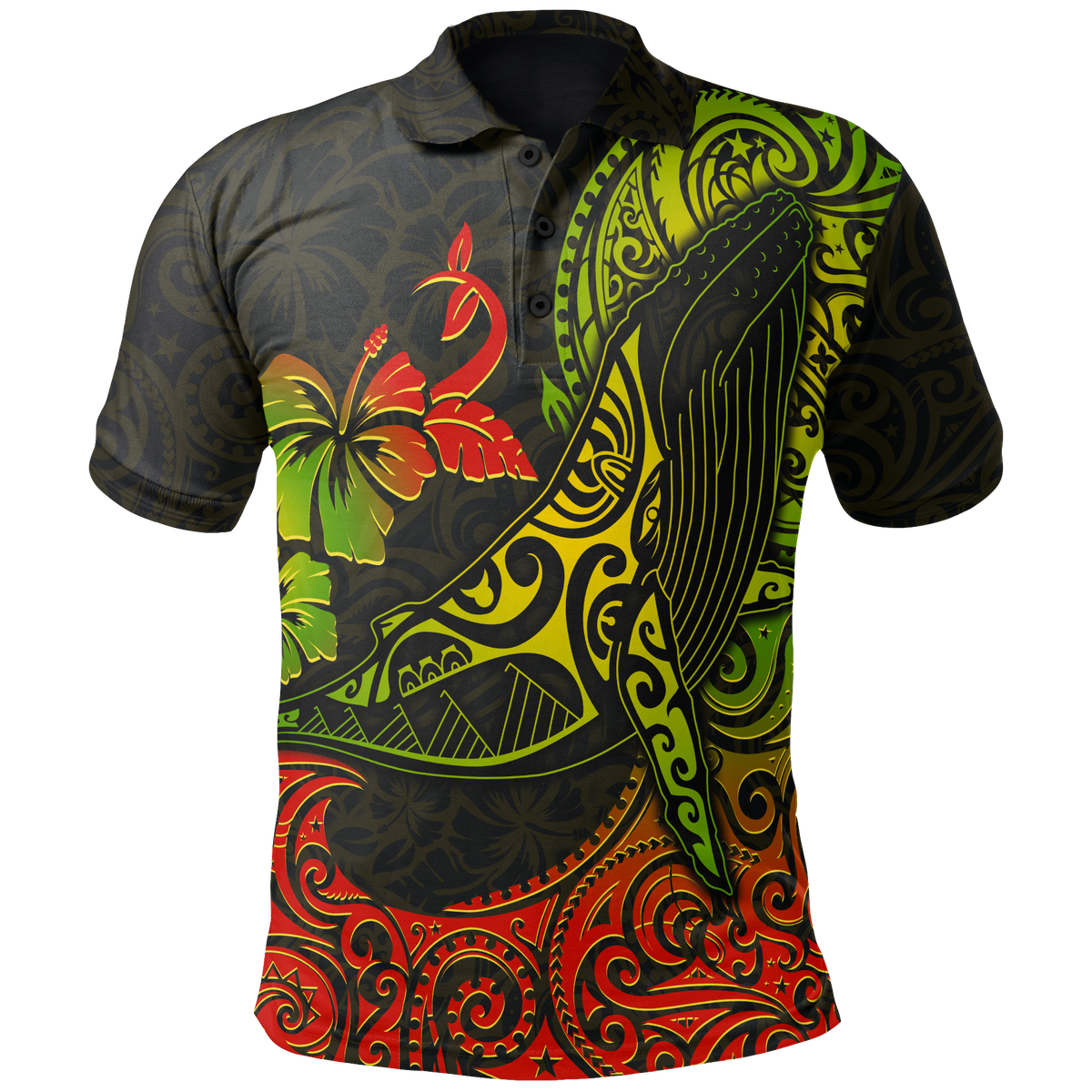 Hawaii Polo Shirt Polynesian Humpback Whale Hibiscus Unisex BLACK - Polynesian Pride