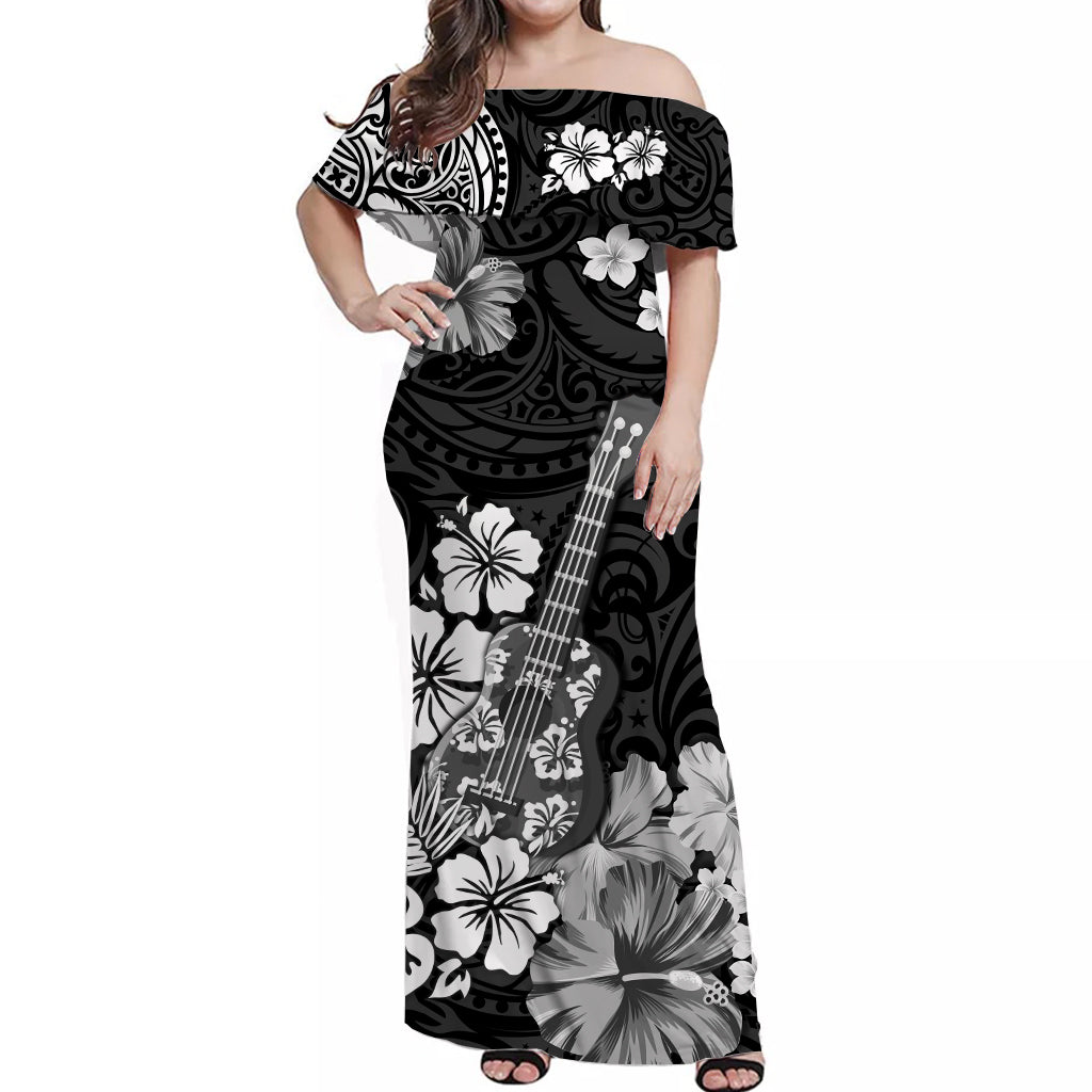 Hawaii Off Shoulder Long Dress Polynesia Black Ukulele Flowers LT13 Women Black - Polynesian Pride