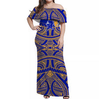 Hawaii Castle High School Tattoo Tribal Off Shoulder Dress - LT12 Long Dress Blue - Polynesian Pride