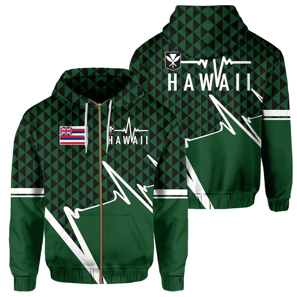 Kakau Hawaii In My Heartbeat Flag of Hawaii Hoodie Green Unisex Green - Polynesian Pride