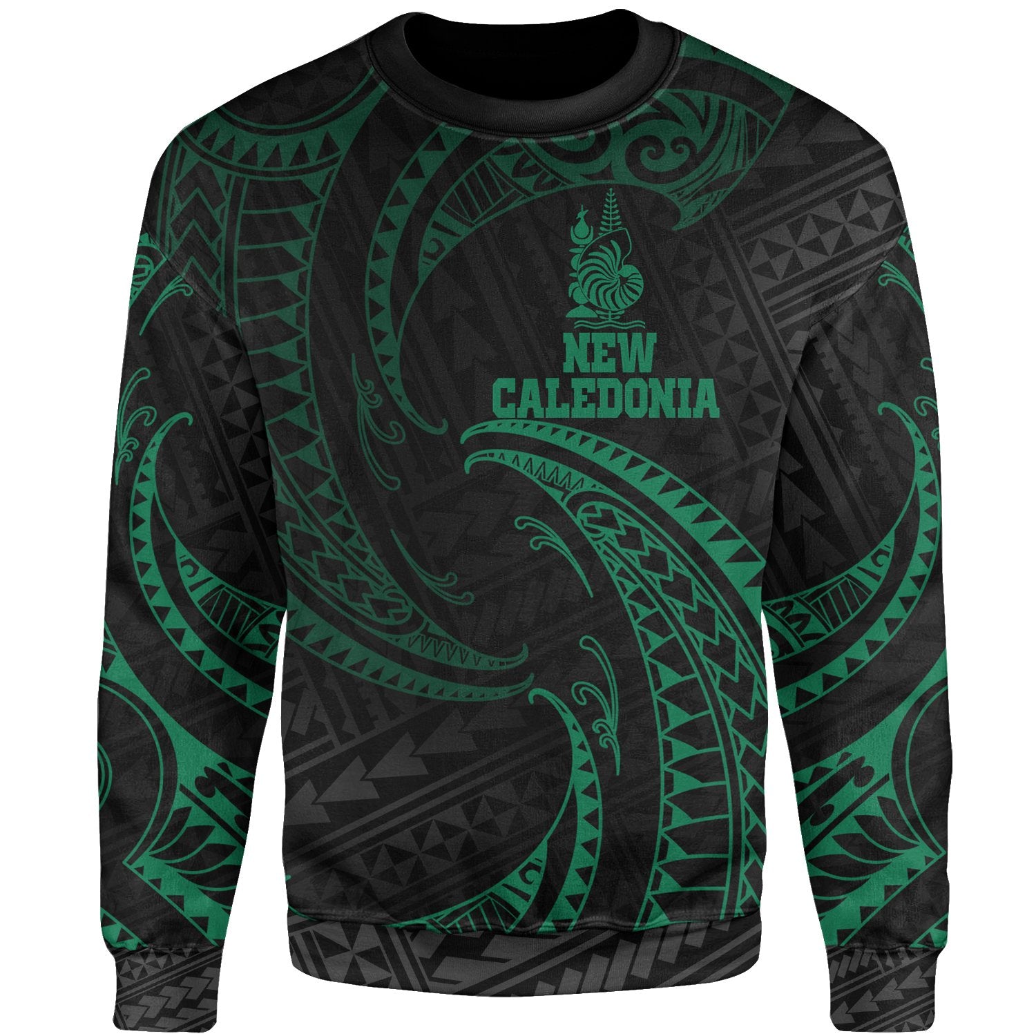 New Caledonia Polynesian Sweater - Green Tribal Wave Unisex Green - Polynesian Pride