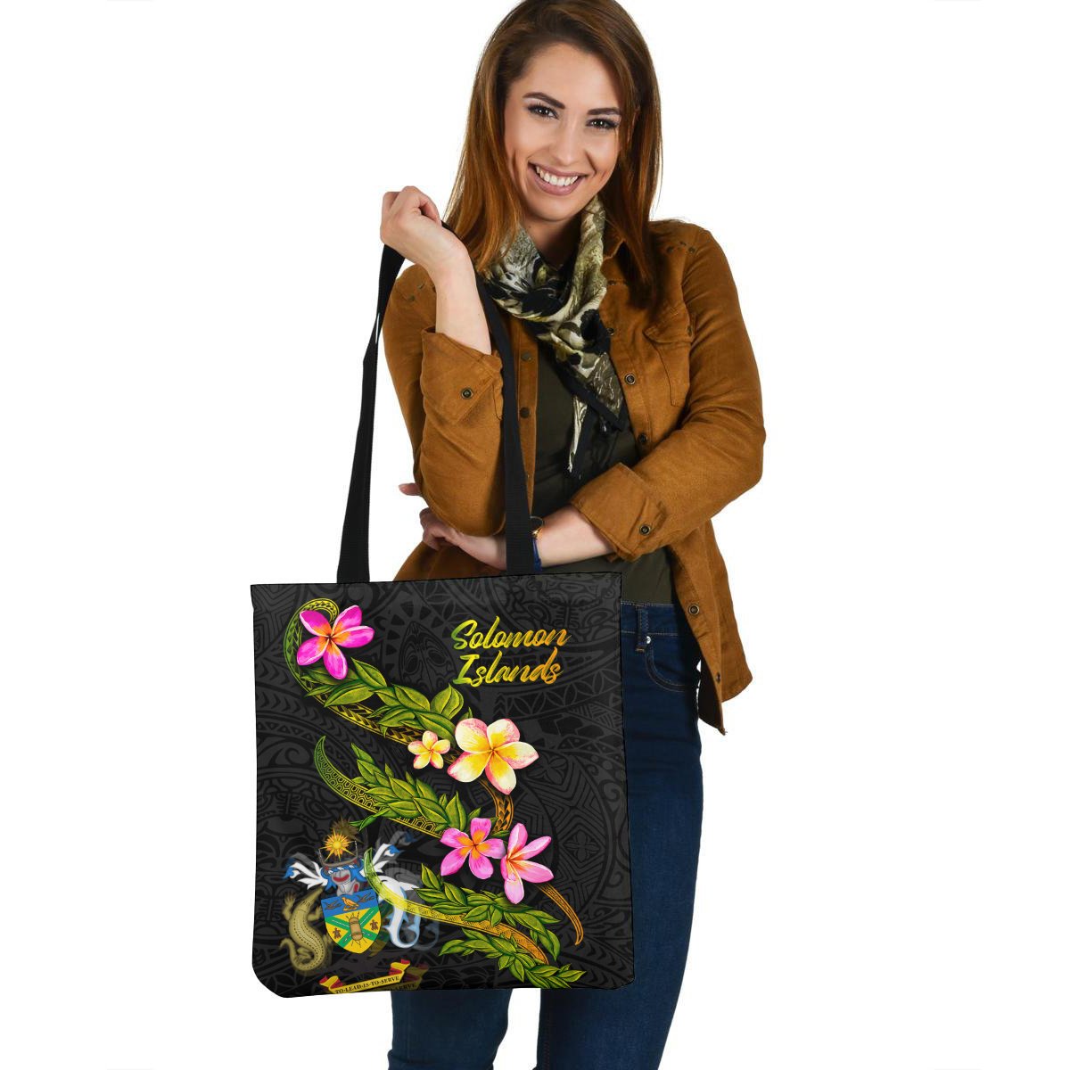 Solomon Islands Polynesian Tote Bag - Plumeria Tribal Tote Bag One Size Black - Polynesian Pride