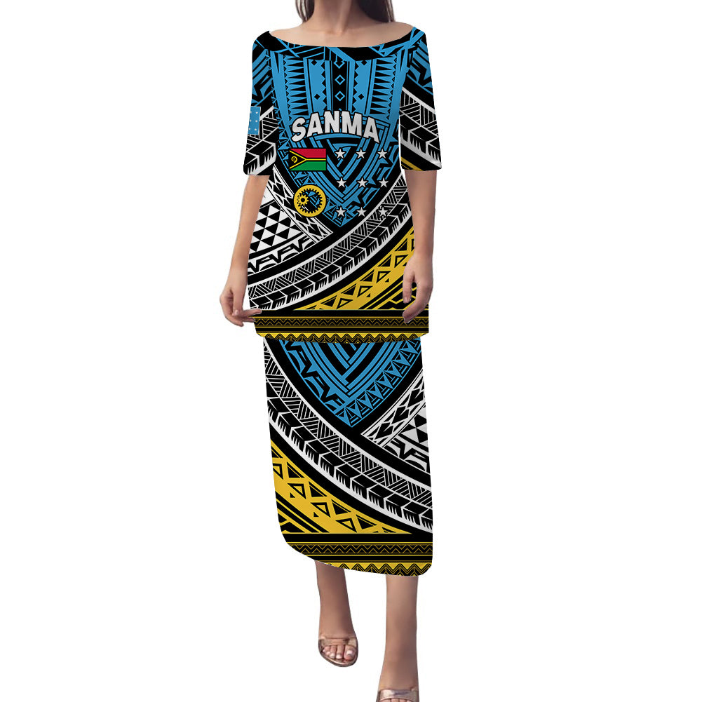 (Custom Personalised) Vanuatu Sanma Province Tribal Pattern Puletasi Dress - LT12 Long Dress Blue - Polynesian Pride