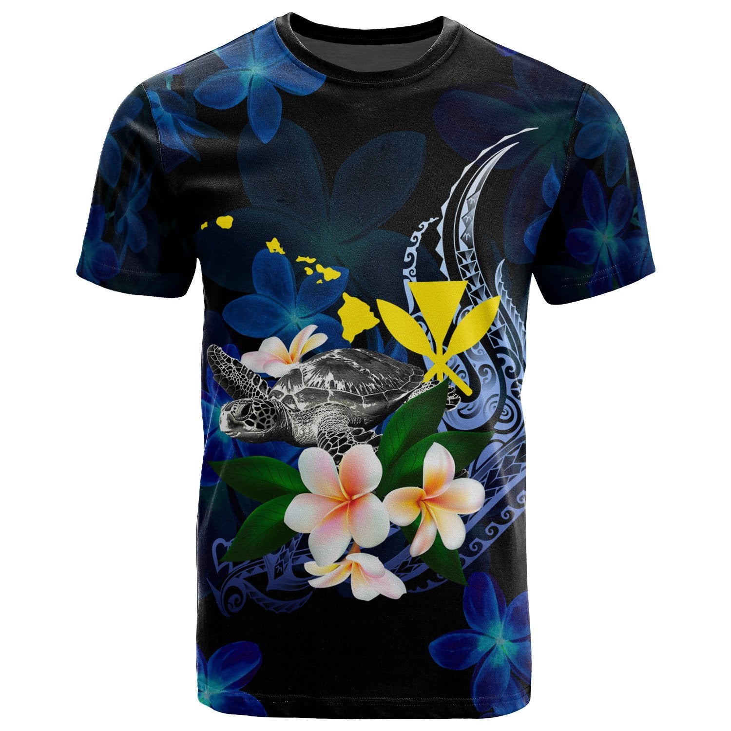 Polynesian Hawaii T Shirt Turtle With Plumeria Flowers Unisex Blue - Polynesian Pride