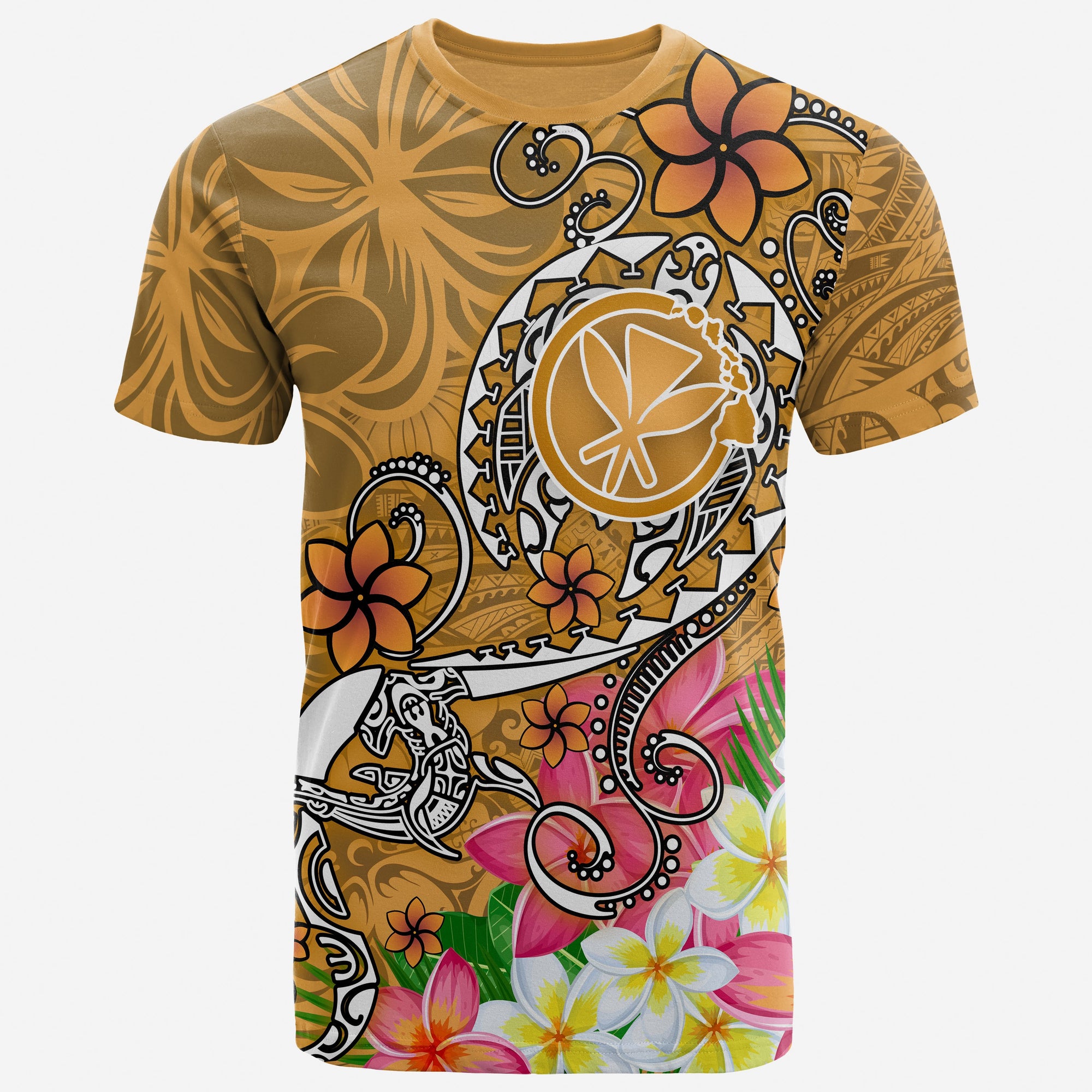 Hawaii T Shirt Turtle Plumeria Polynesian Tattoo Gold Color Unisex Gold - Polynesian Pride