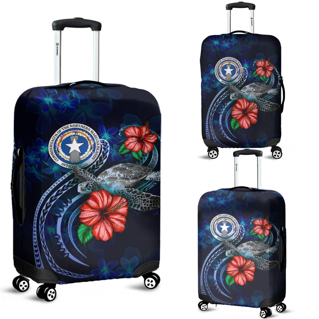 Northern Mariana Islands Polynesian Luggage Cover - Blue Turtle Hibiscus Blue - Polynesian Pride