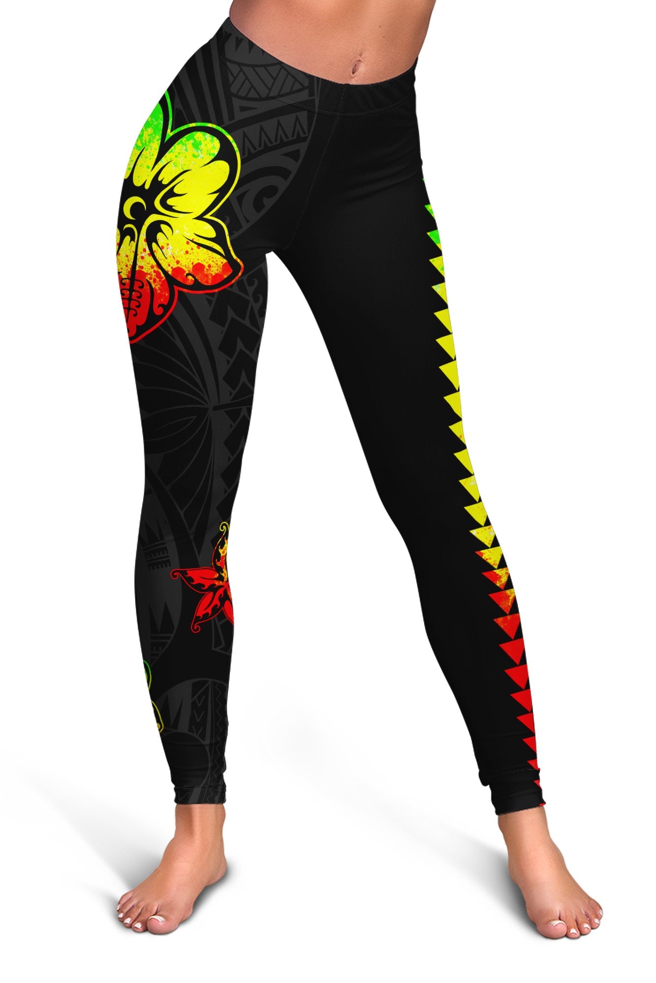 Hawaiian Kakau Flowers Polynesian Women's Leggings - AH Black - Polynesian Pride