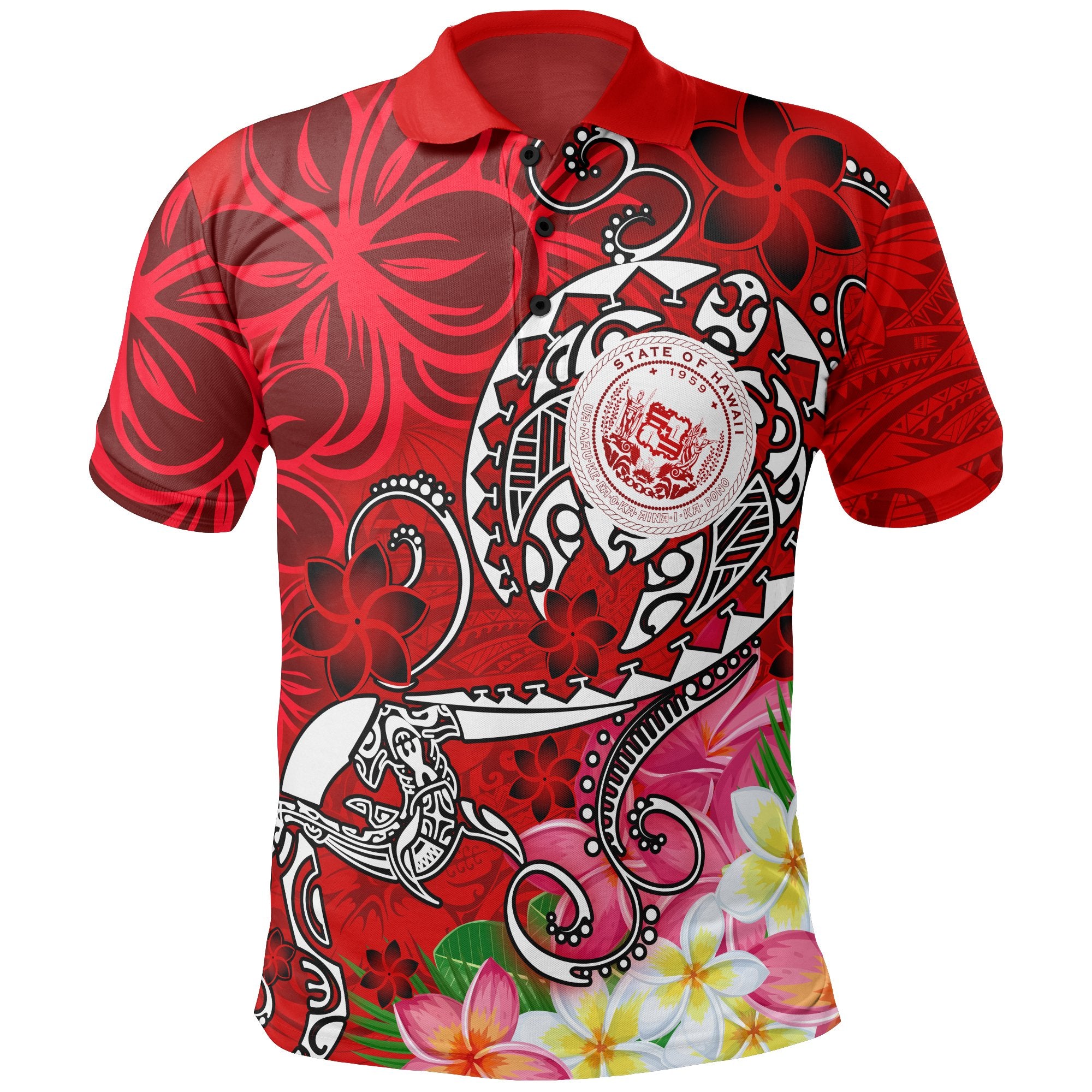 Hawaii Polynesian Polo Shirt Hawaii Seal With Turtle Plumeria (Red) Unisex Red - Polynesian Pride