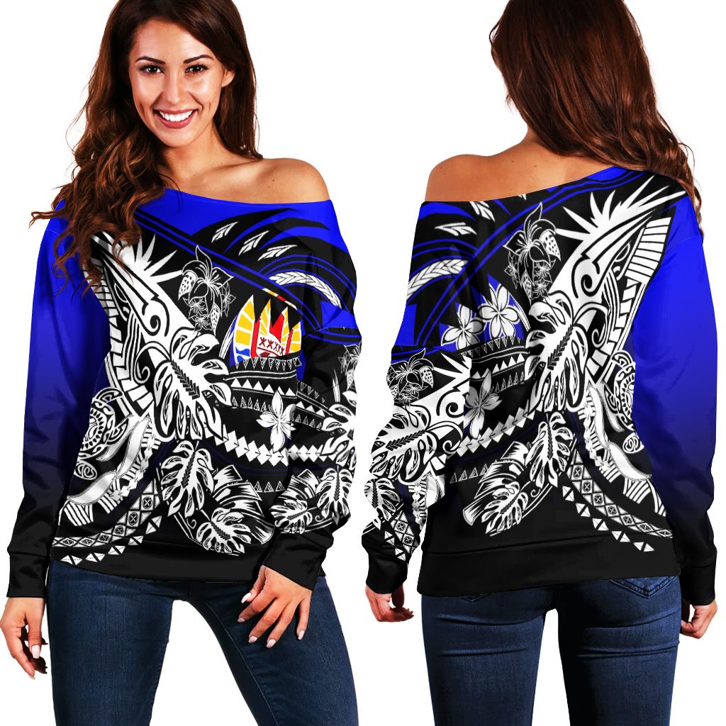 Tahiti Women's Off Shoulder Sweater - Tribal Jungle Pattern Blue Color Blue - Polynesian Pride